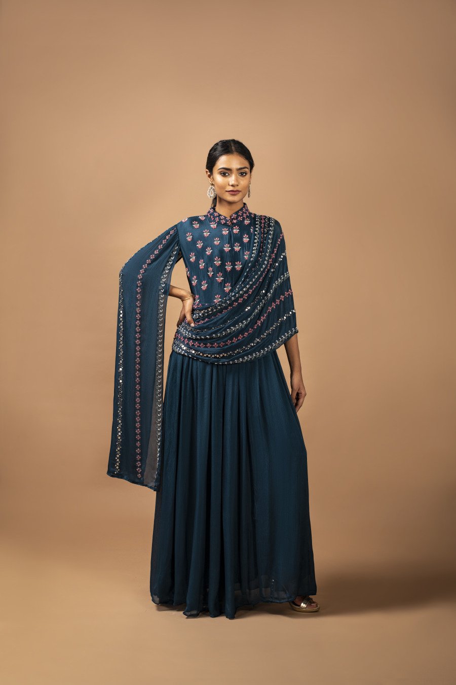 Deep Blue Embellished & Draped Chinon Silk Gown