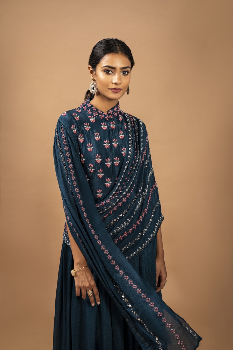 Deep Blue Embellished & Draped Chinon Silk Gown