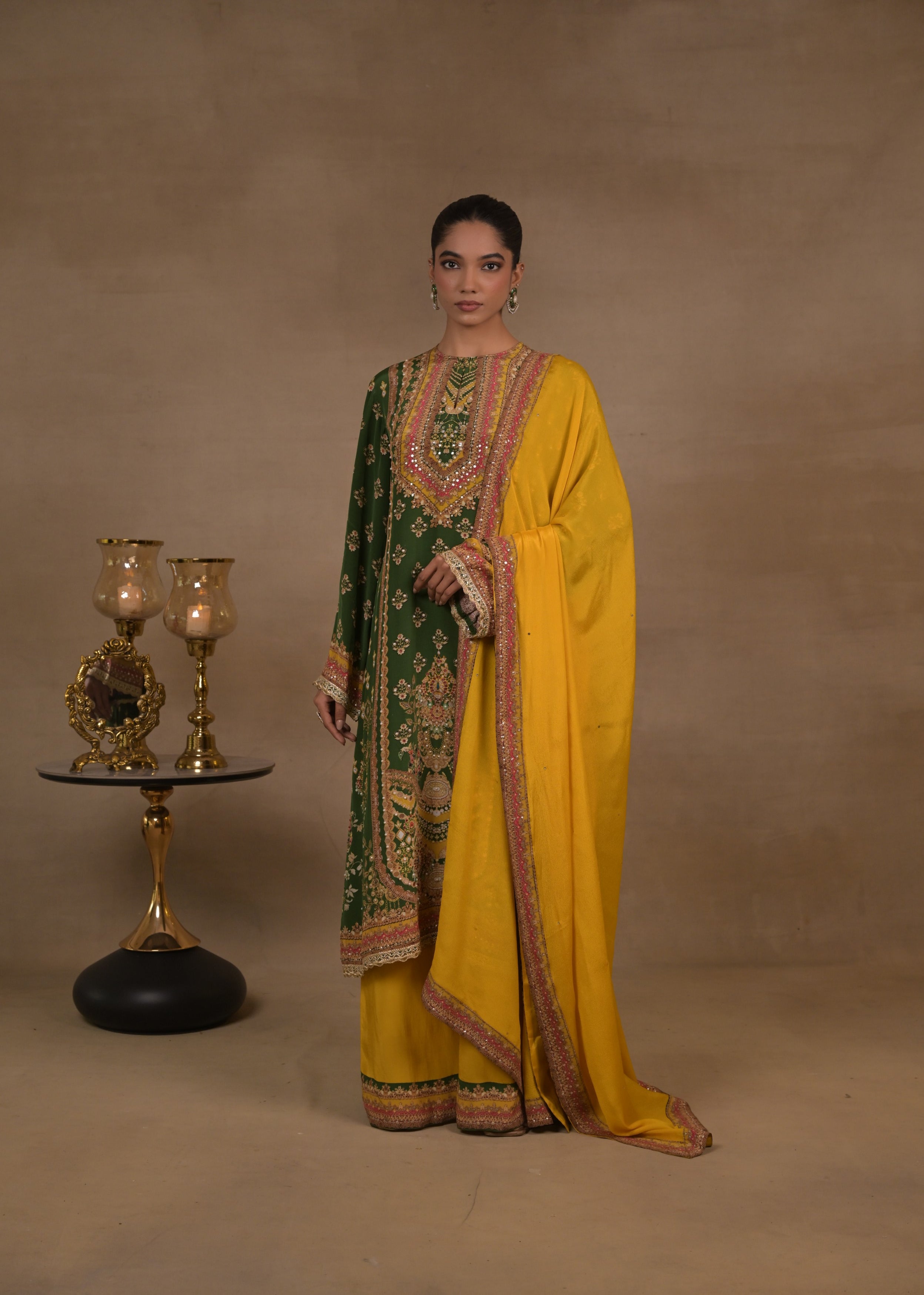 Emerald Hue Embellished Crepe Silk Pant Set