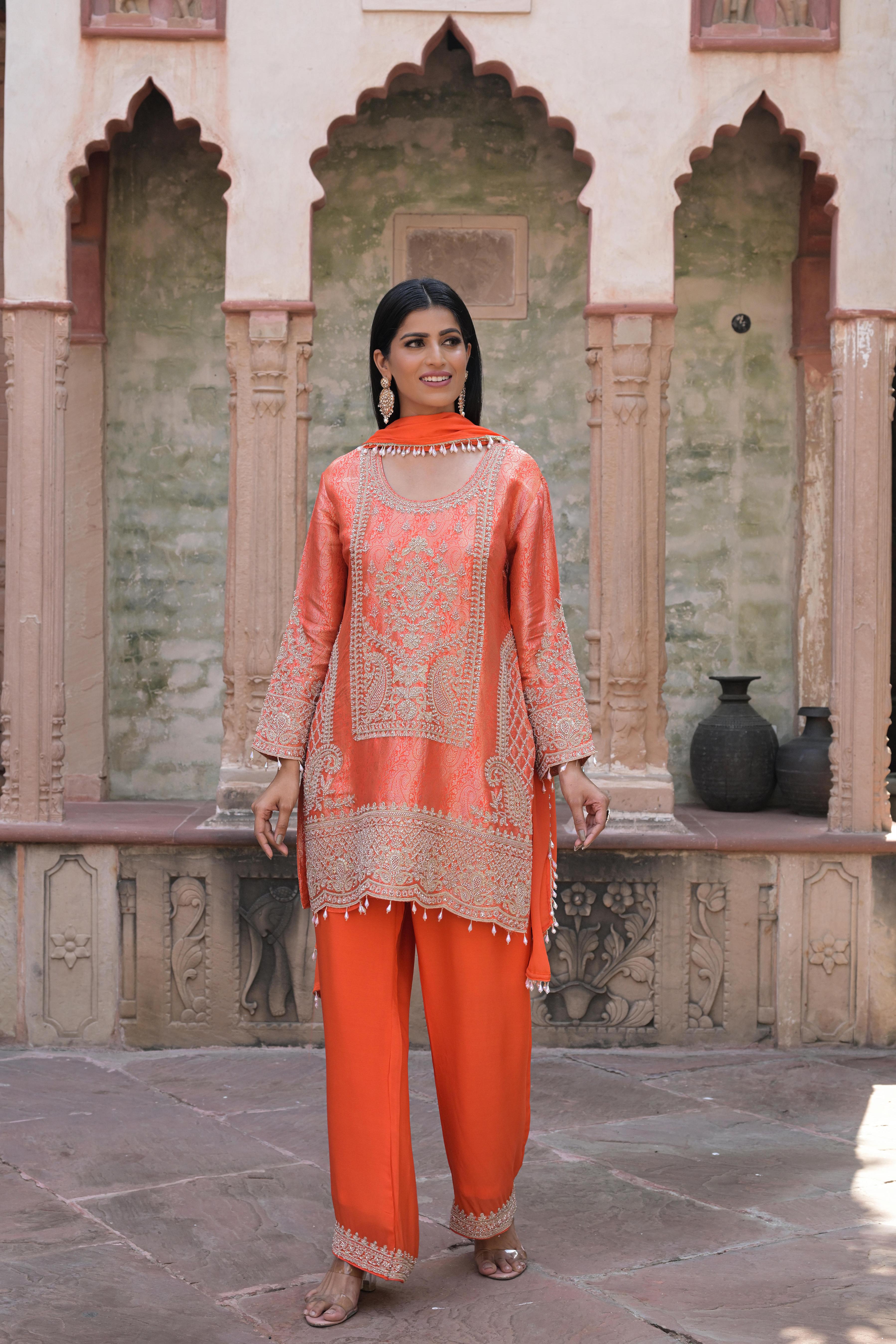 Coral Orange Embellished Brocade Silk Pant Set