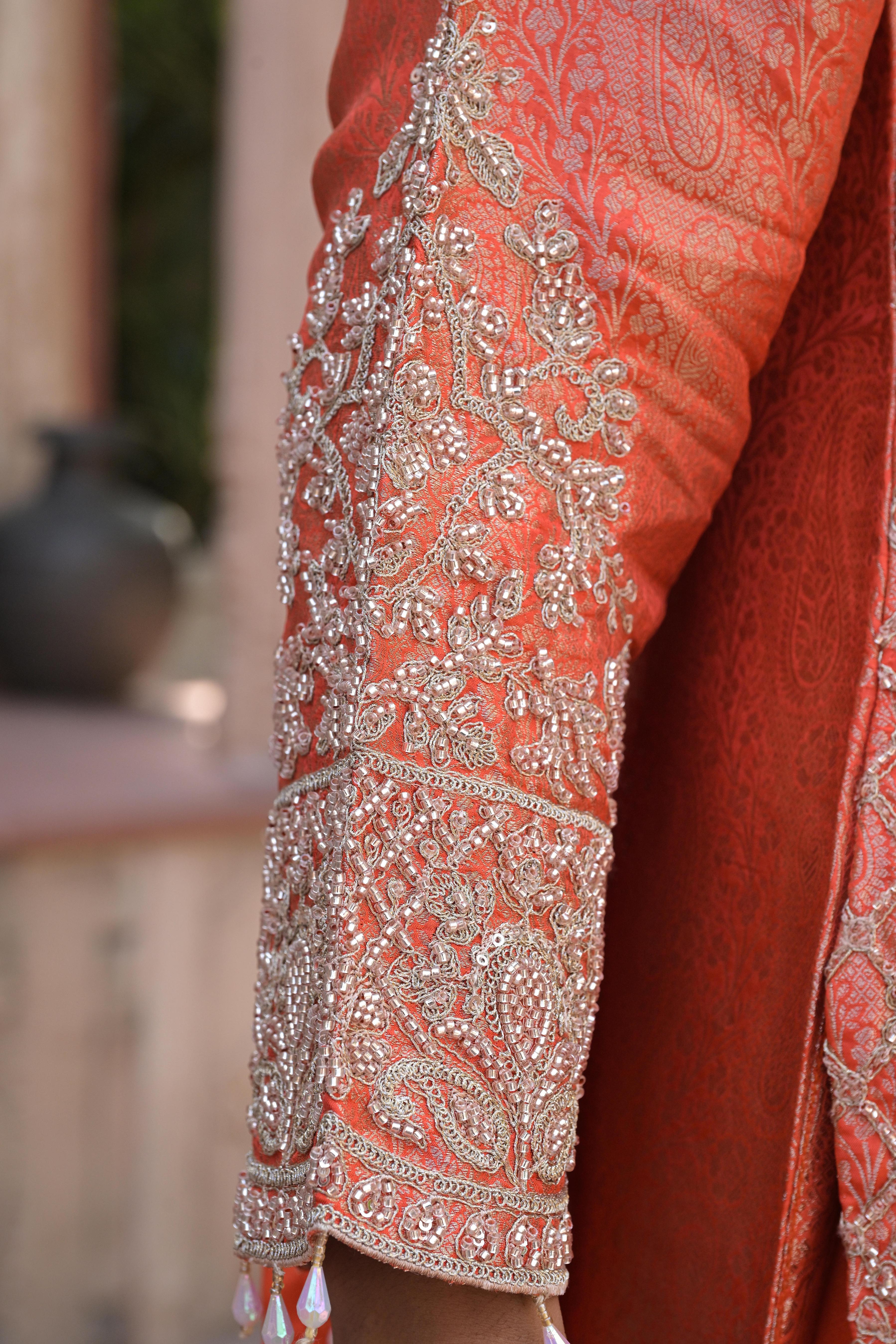 Coral Orange Embellished Brocade Silk Pant Set