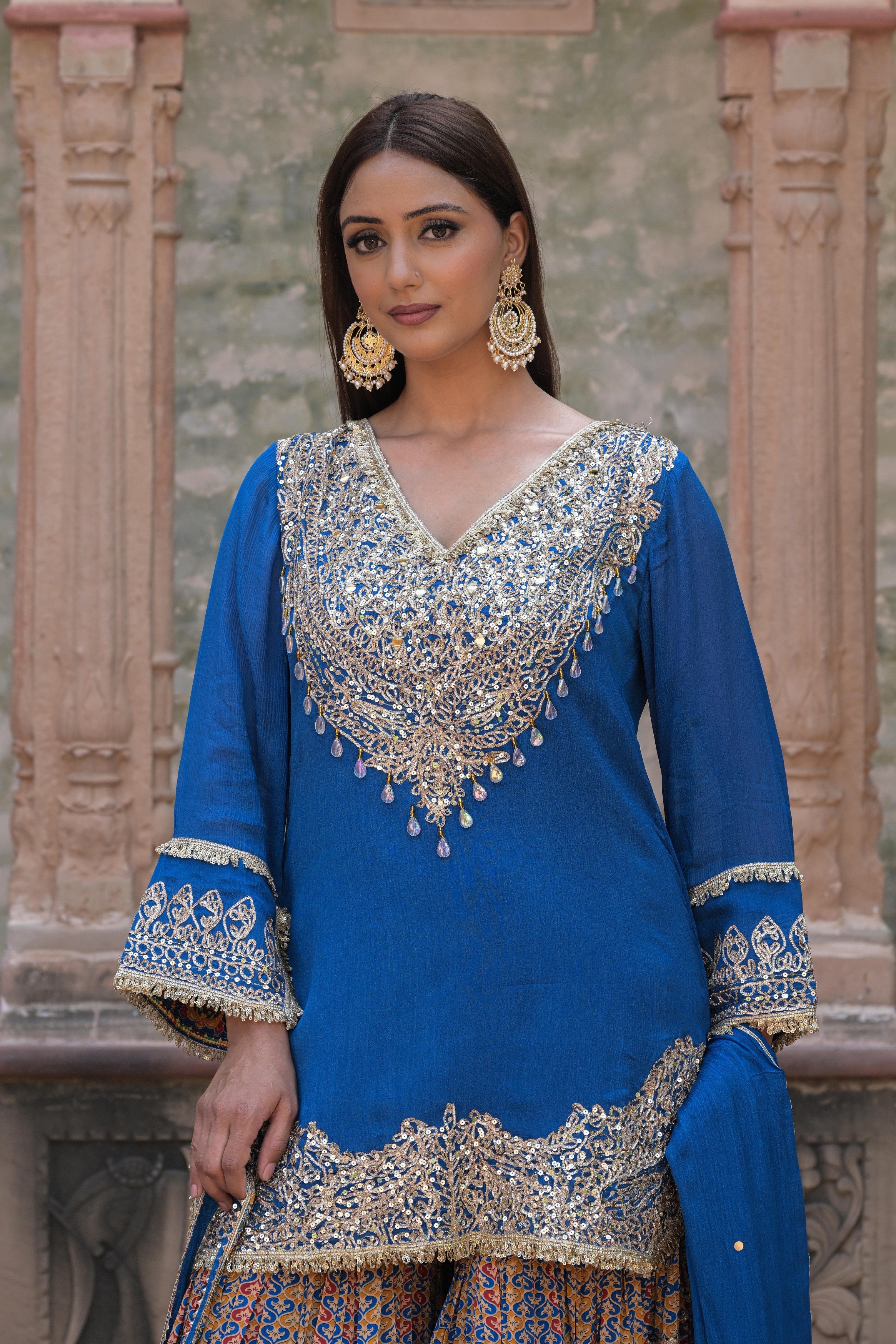 Royal Blue Embellished Chinon Silk Sharara Set