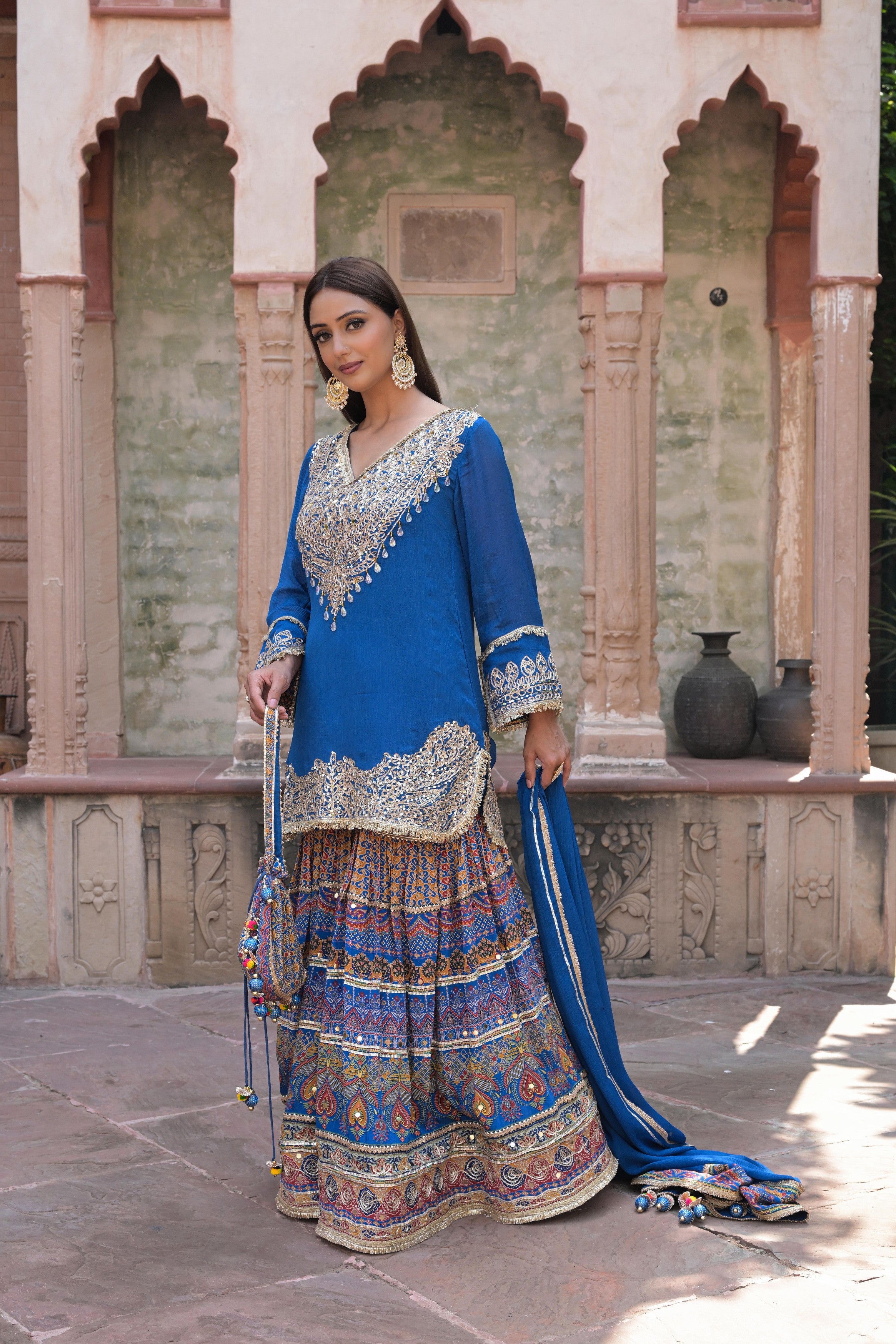 Royal Blue Embellished Chinon Silk Sharara Set