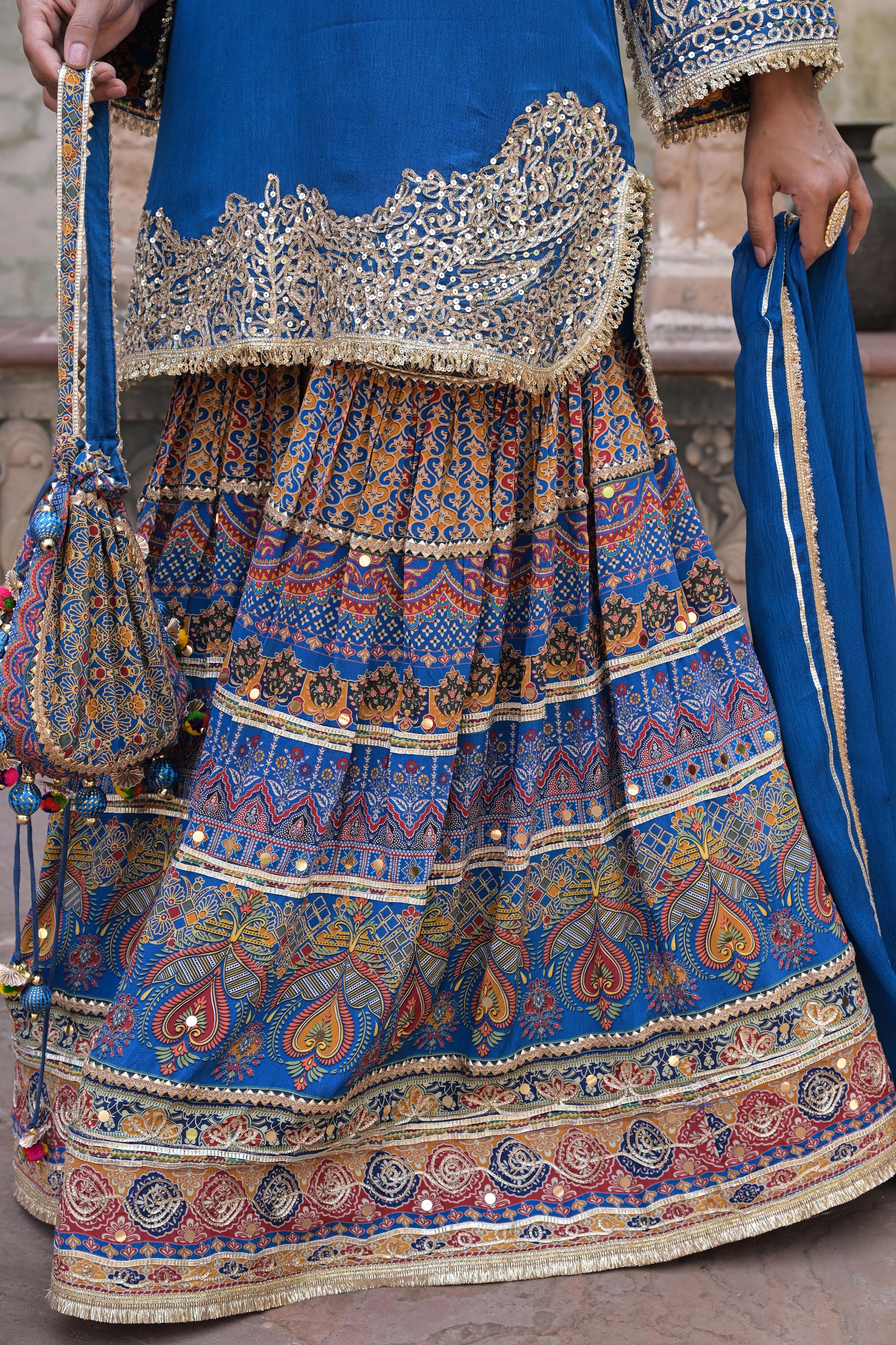Royal Blue Embellished Chinon Silk Sharara Set
