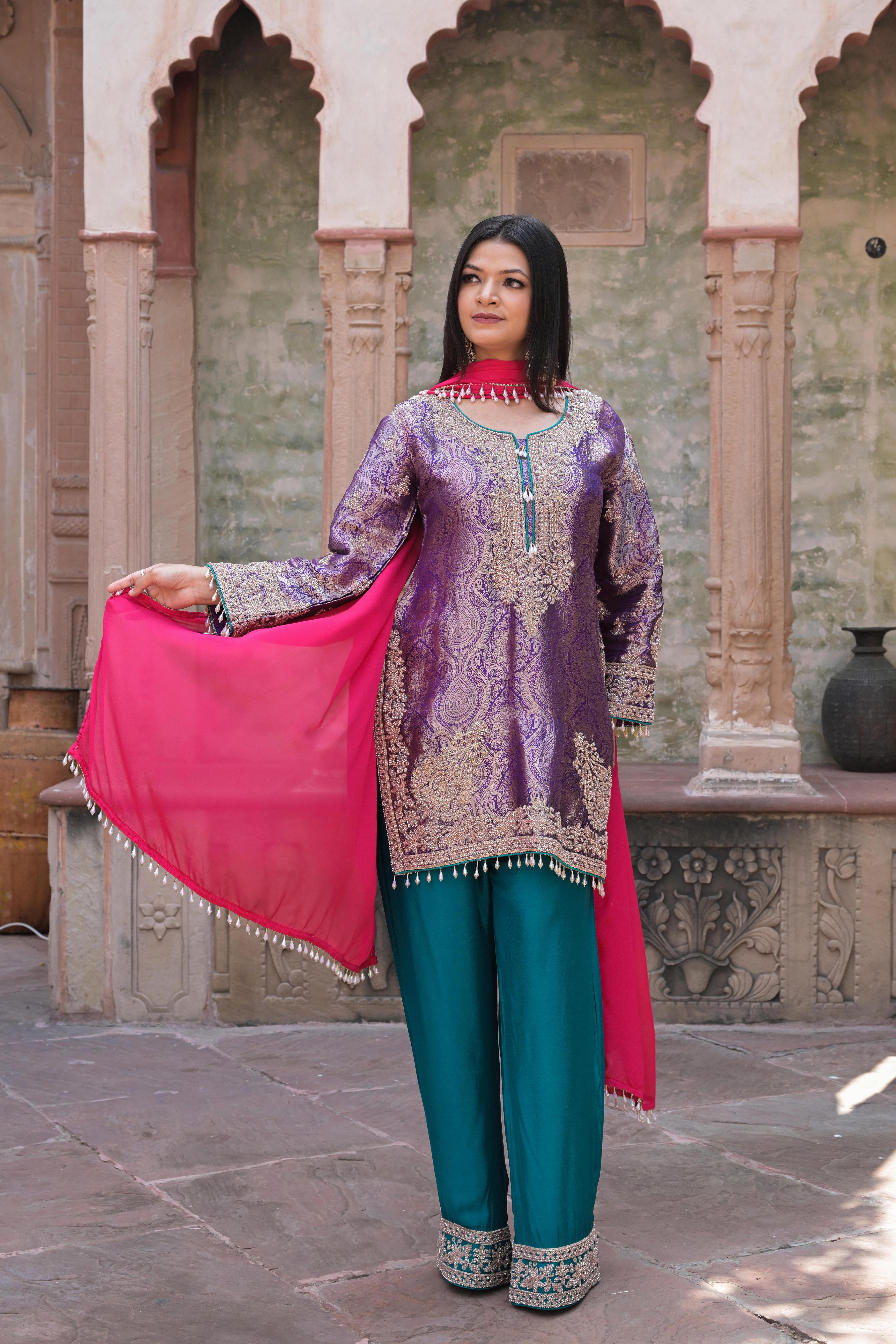 Royal Purple Embellished Banarasi Silk Pant Set