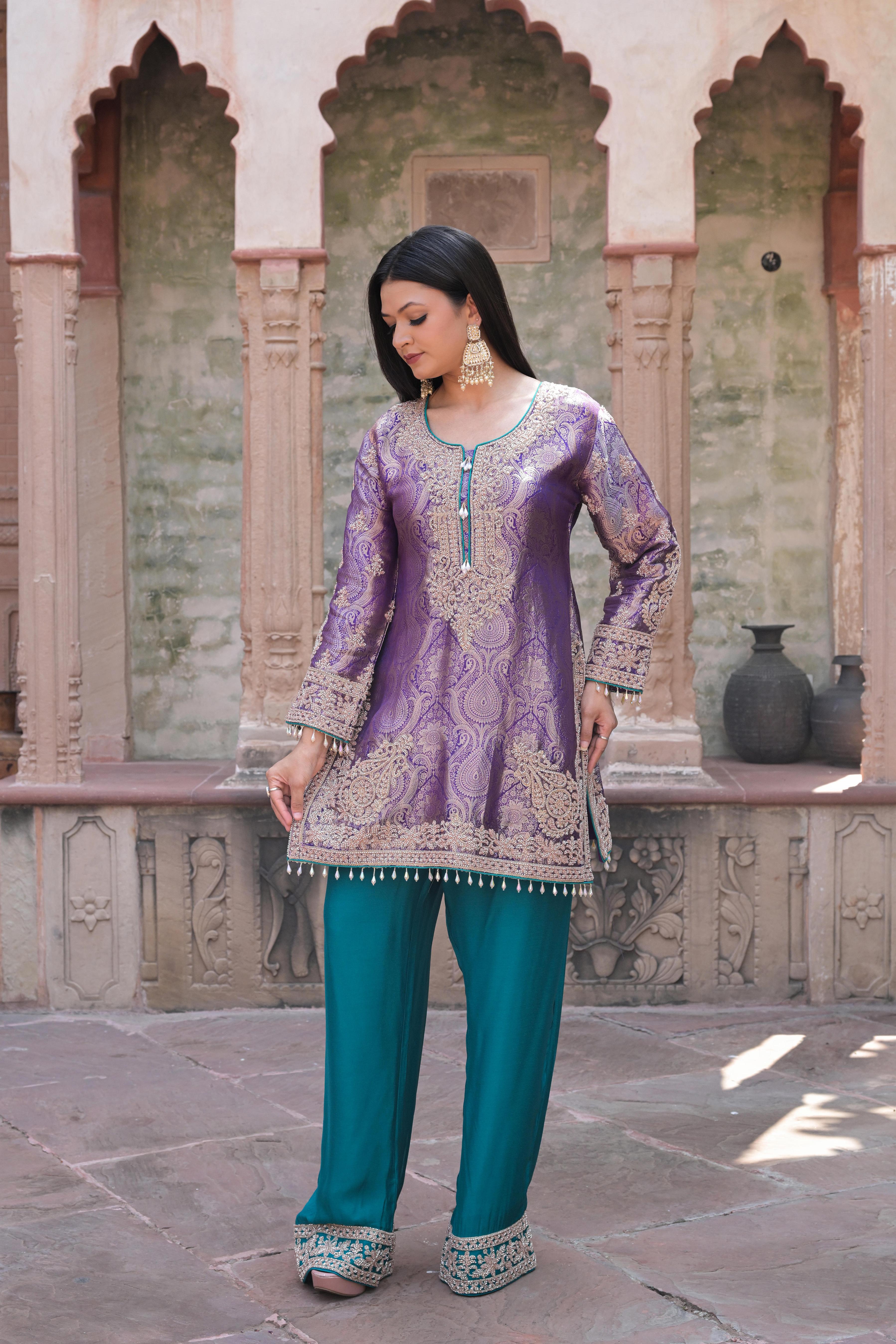 Royal Purple Embellished Banarasi Silk Pant Set
