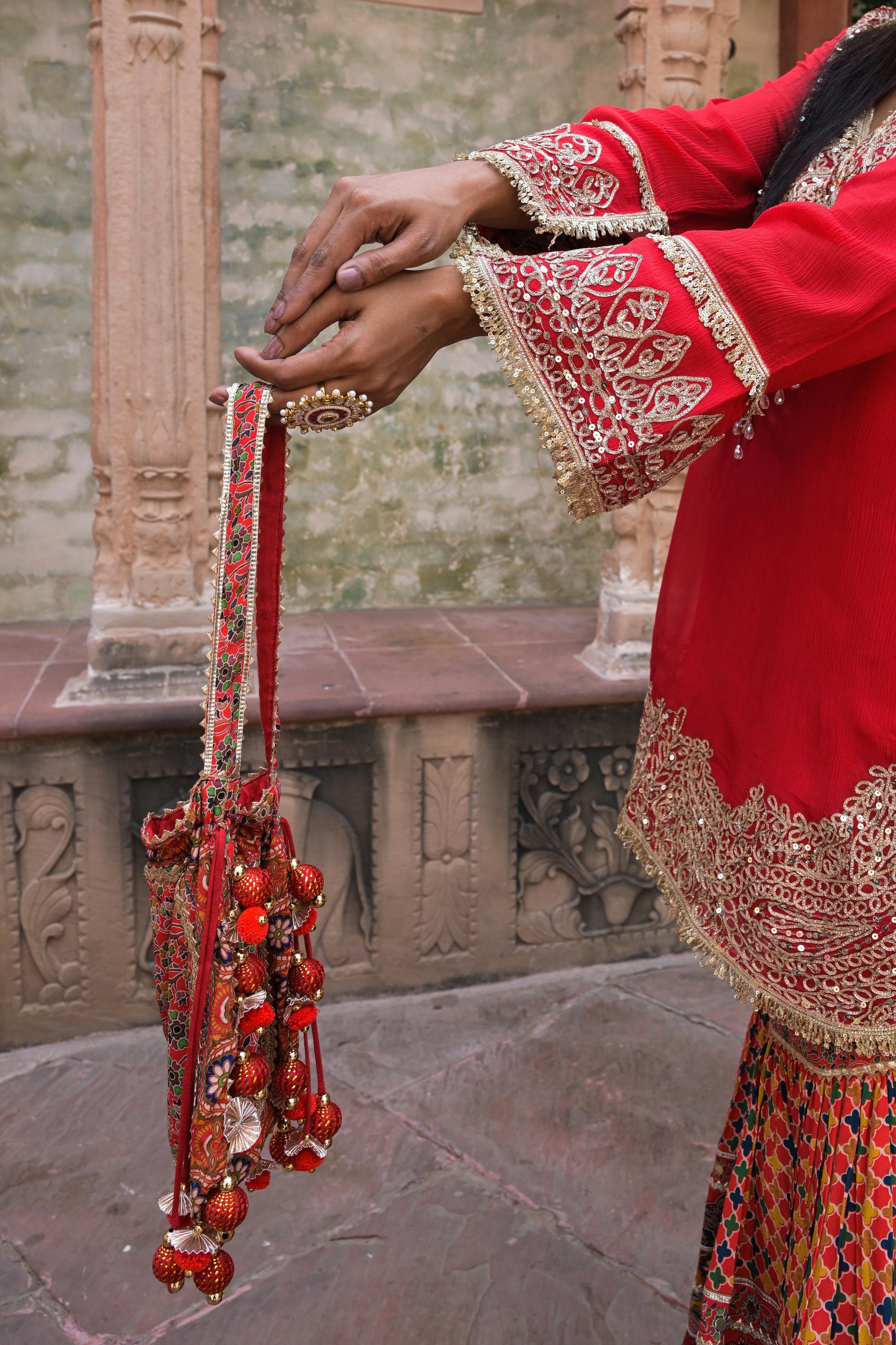Bright Red Embellished Chinon Silk Sharara Set