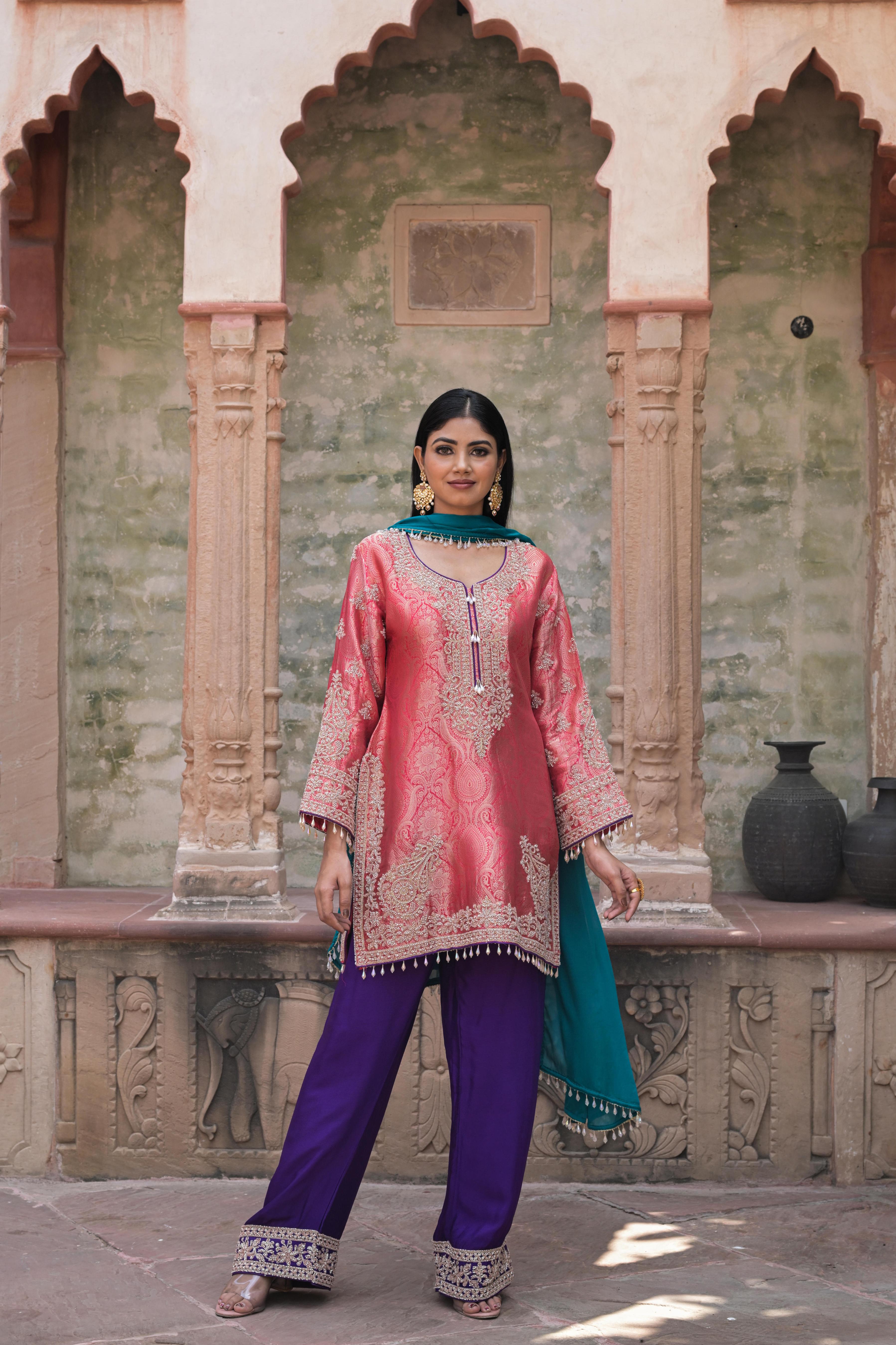 Coral Pink Embellished Banarasi Silk Pant Set