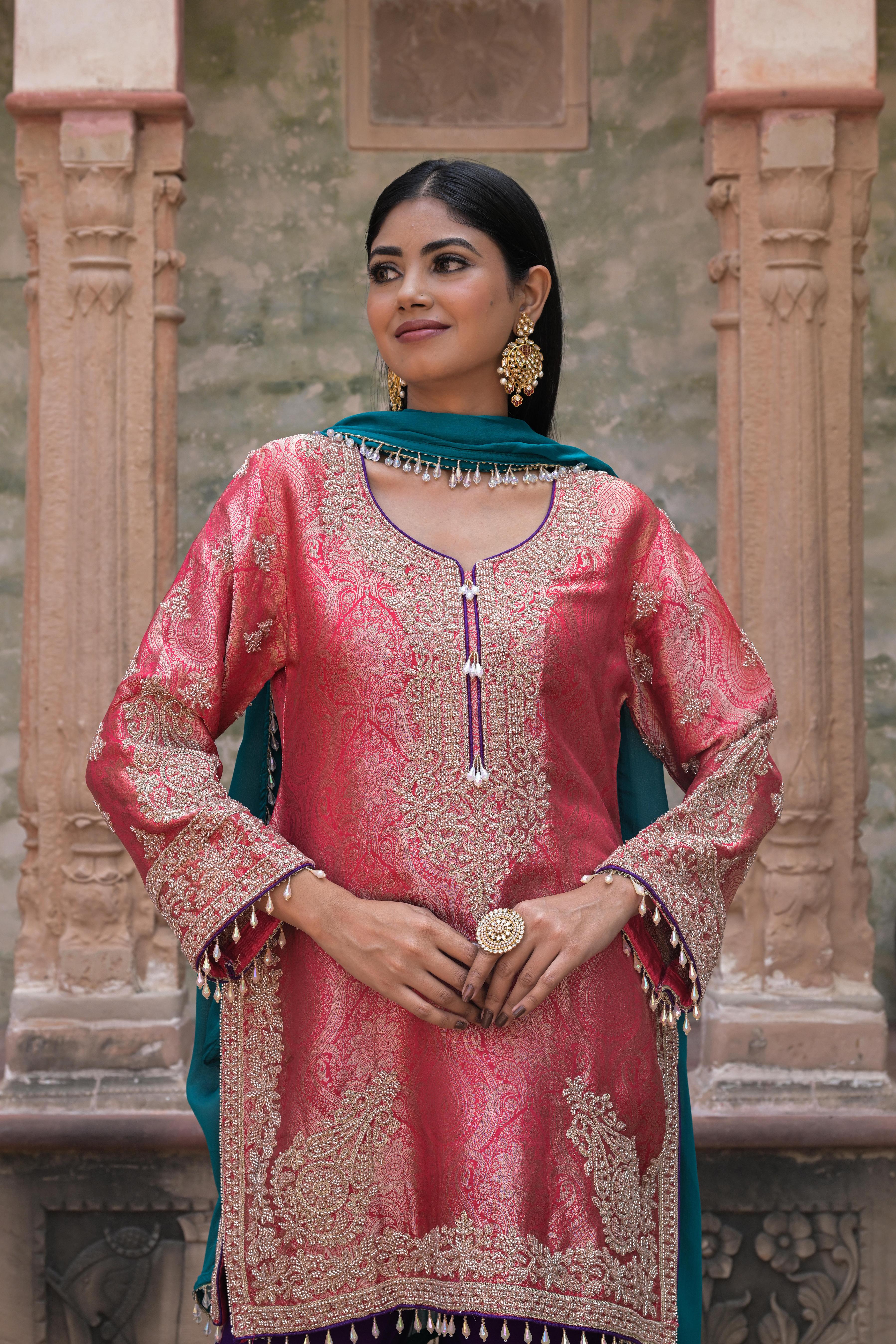 Coral Pink Embellished Banarasi Silk Pant Set