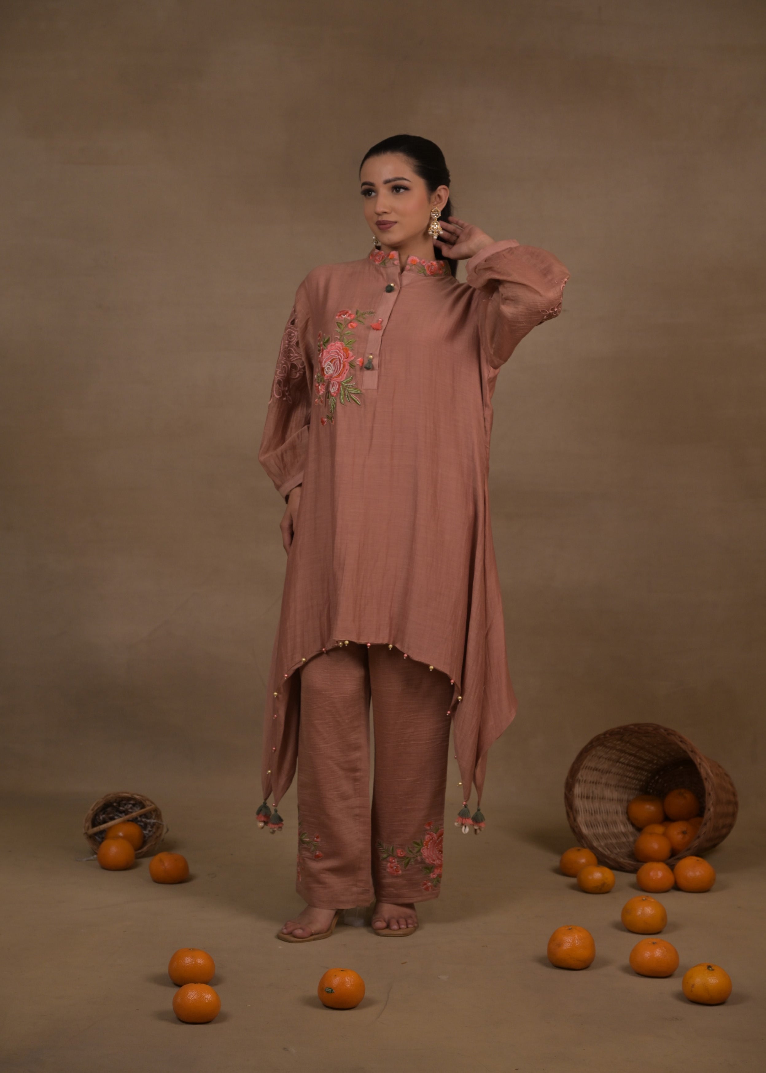 Rosewood Bloom Embroidered Mul Silk Kurta Set