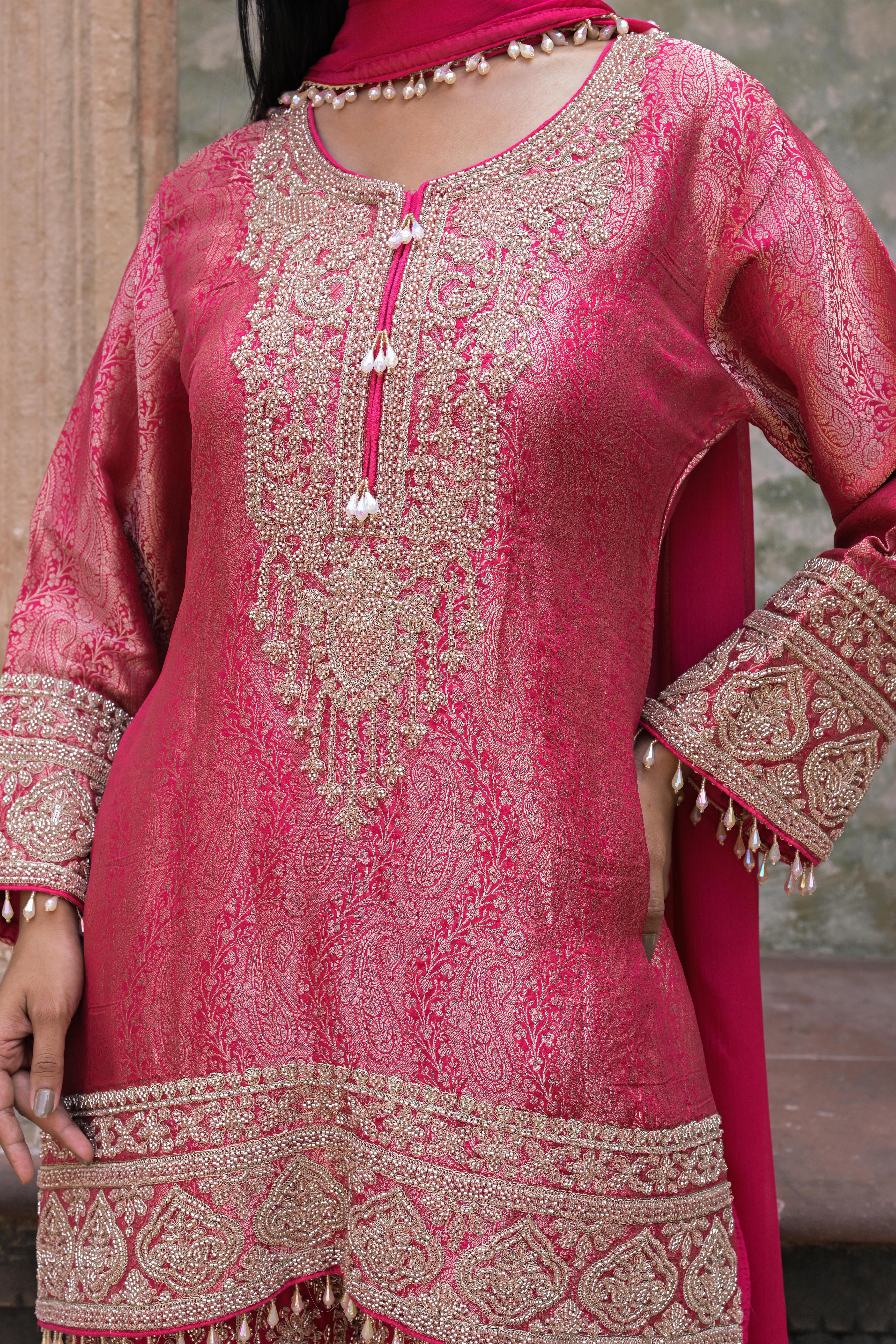 Watermelon Pink Embellished Banarasi Silk Palazzo Set