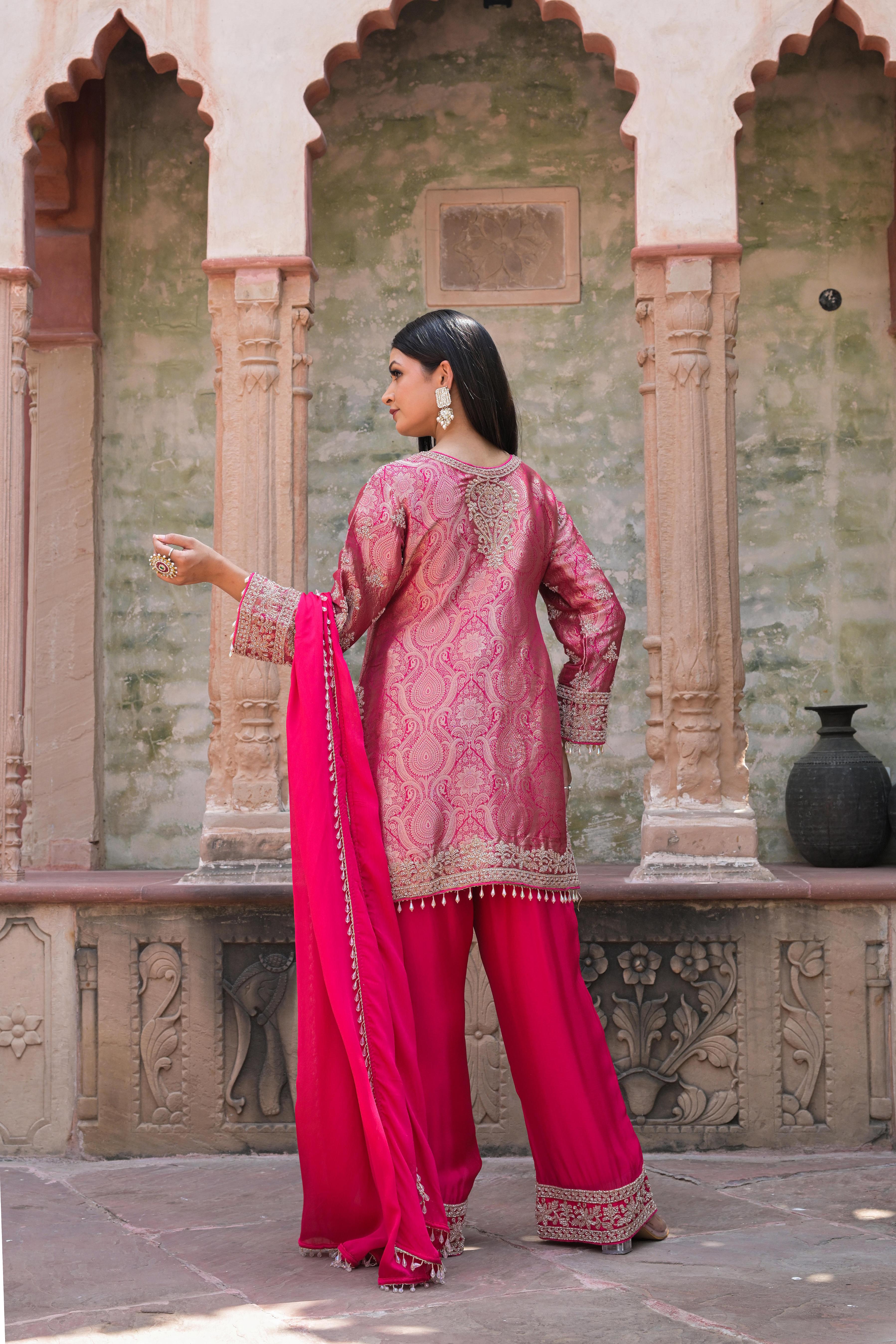Bright Pink Embellished Banarasi Silk Pant Set