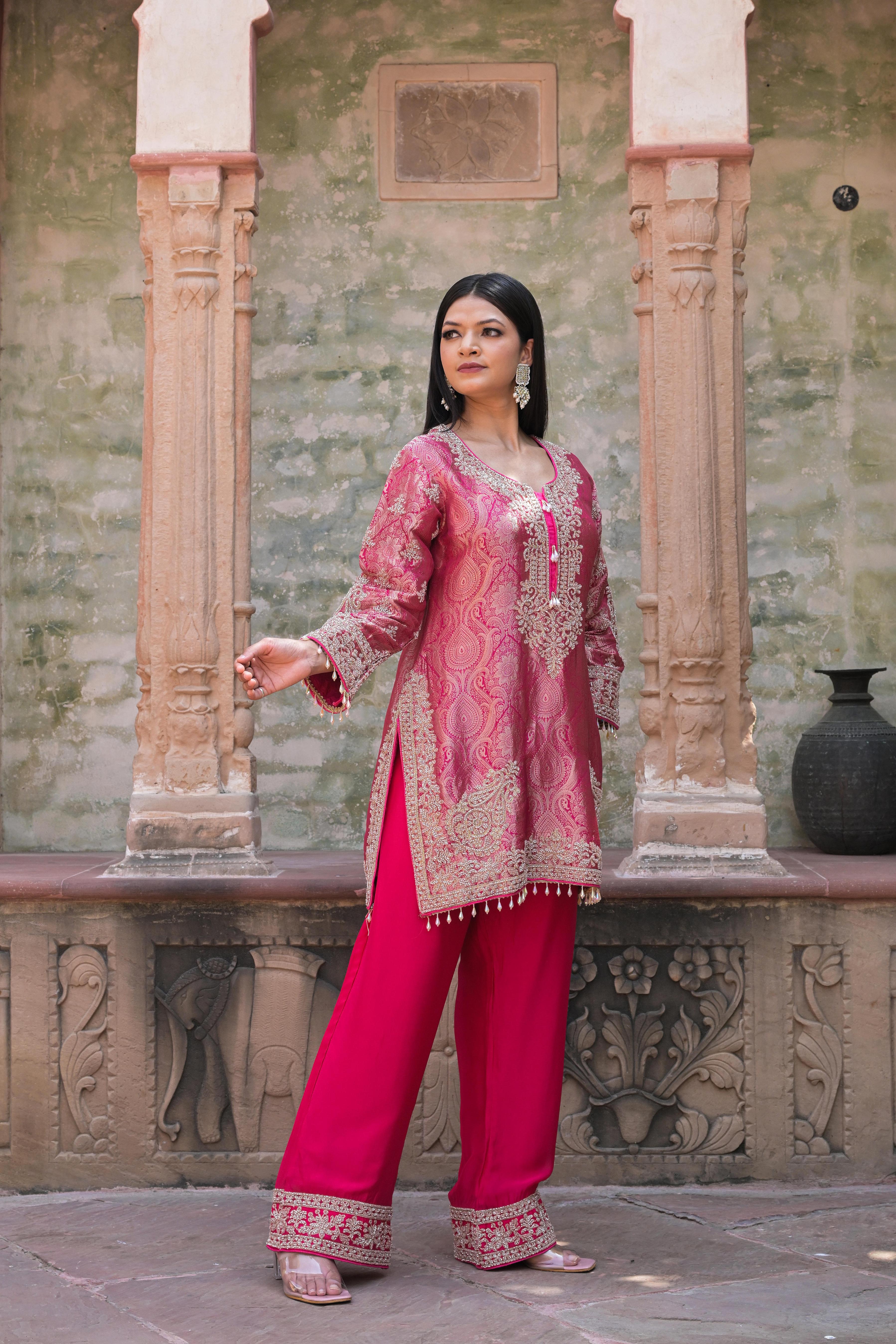 Bright Pink Embellished Banarasi Silk Pant Set