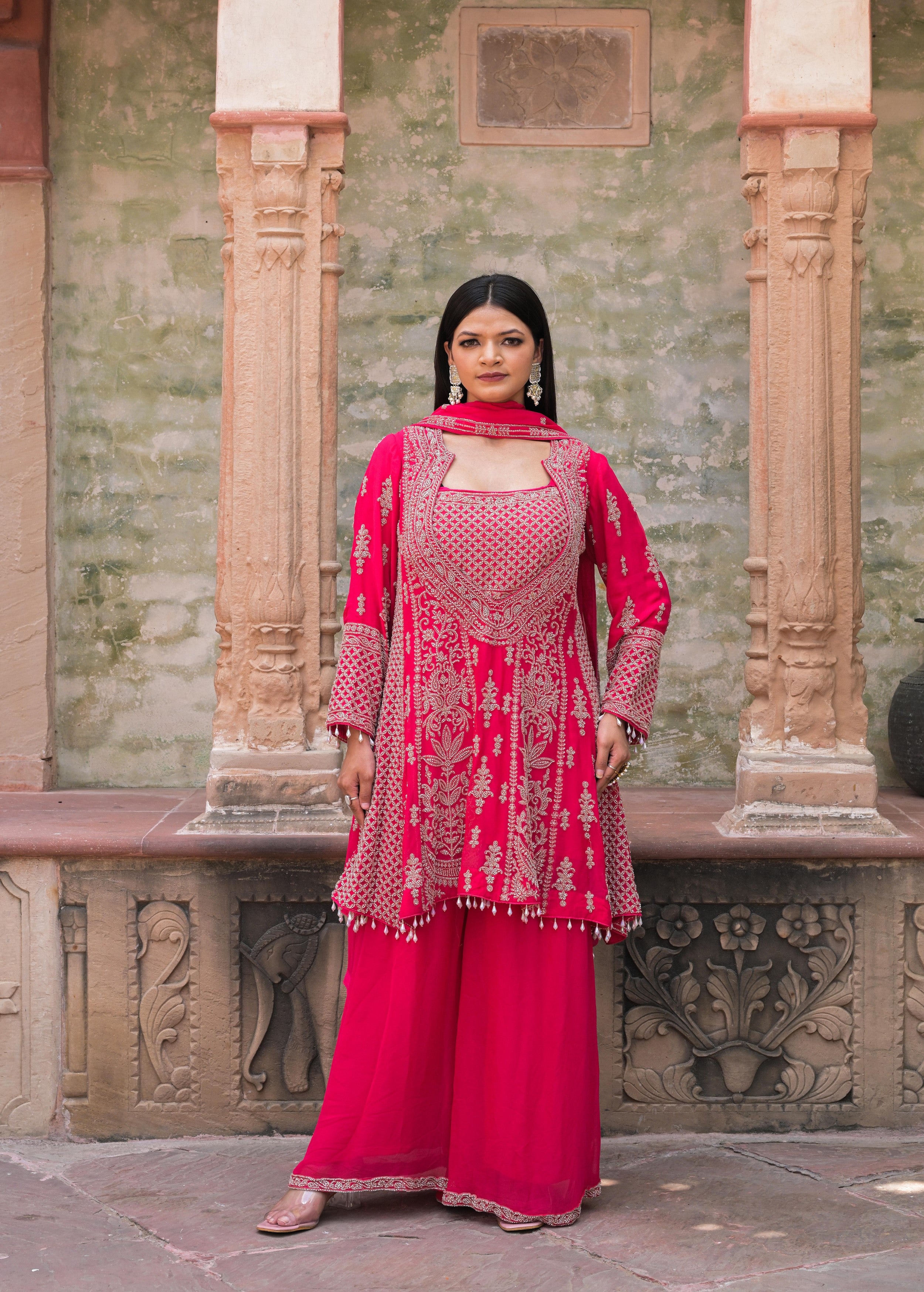 Vibrant Pink Embellished Georgette Silk Palazzo Set