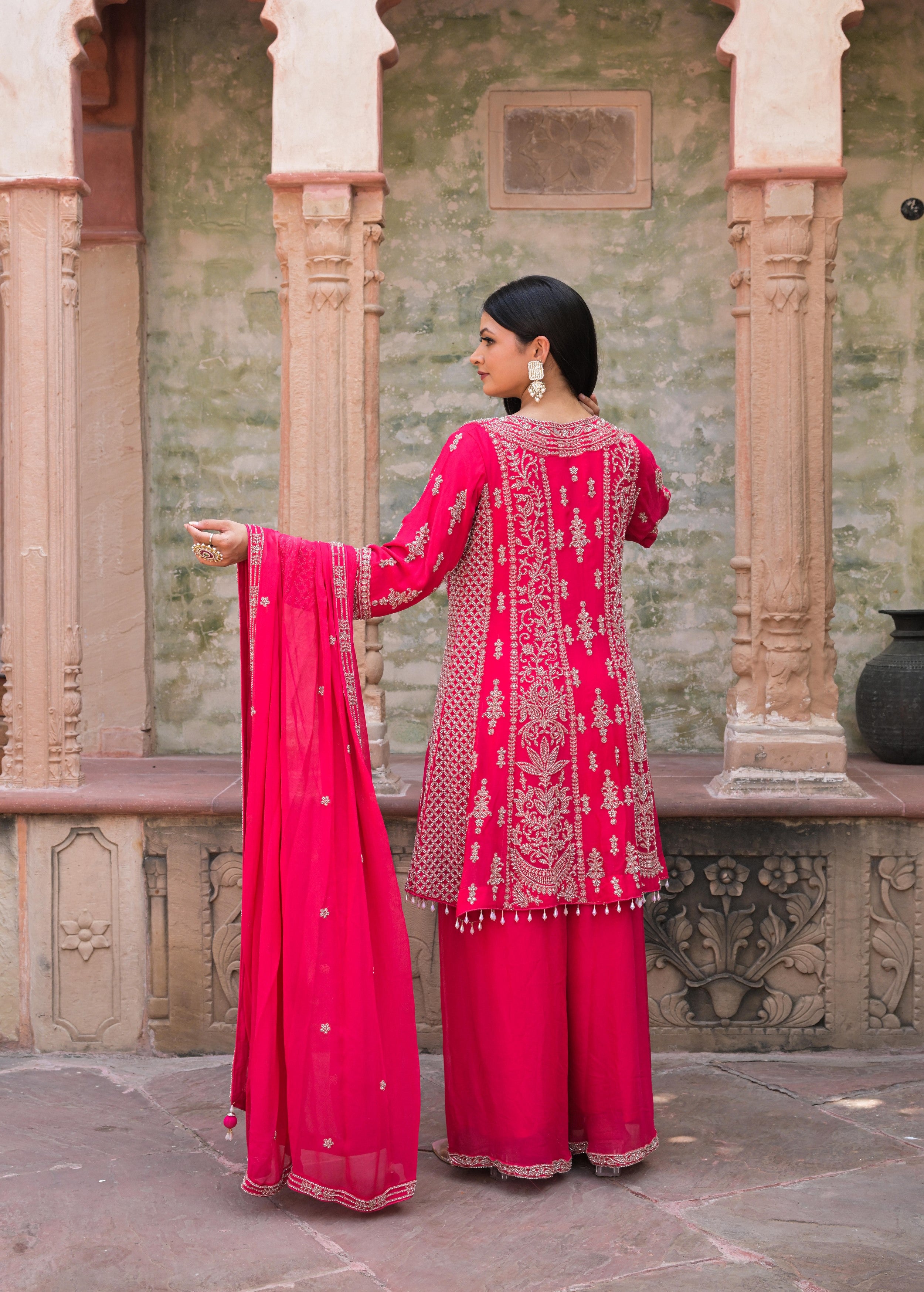 Vibrant Pink Embellished Georgette Silk Palazzo Set