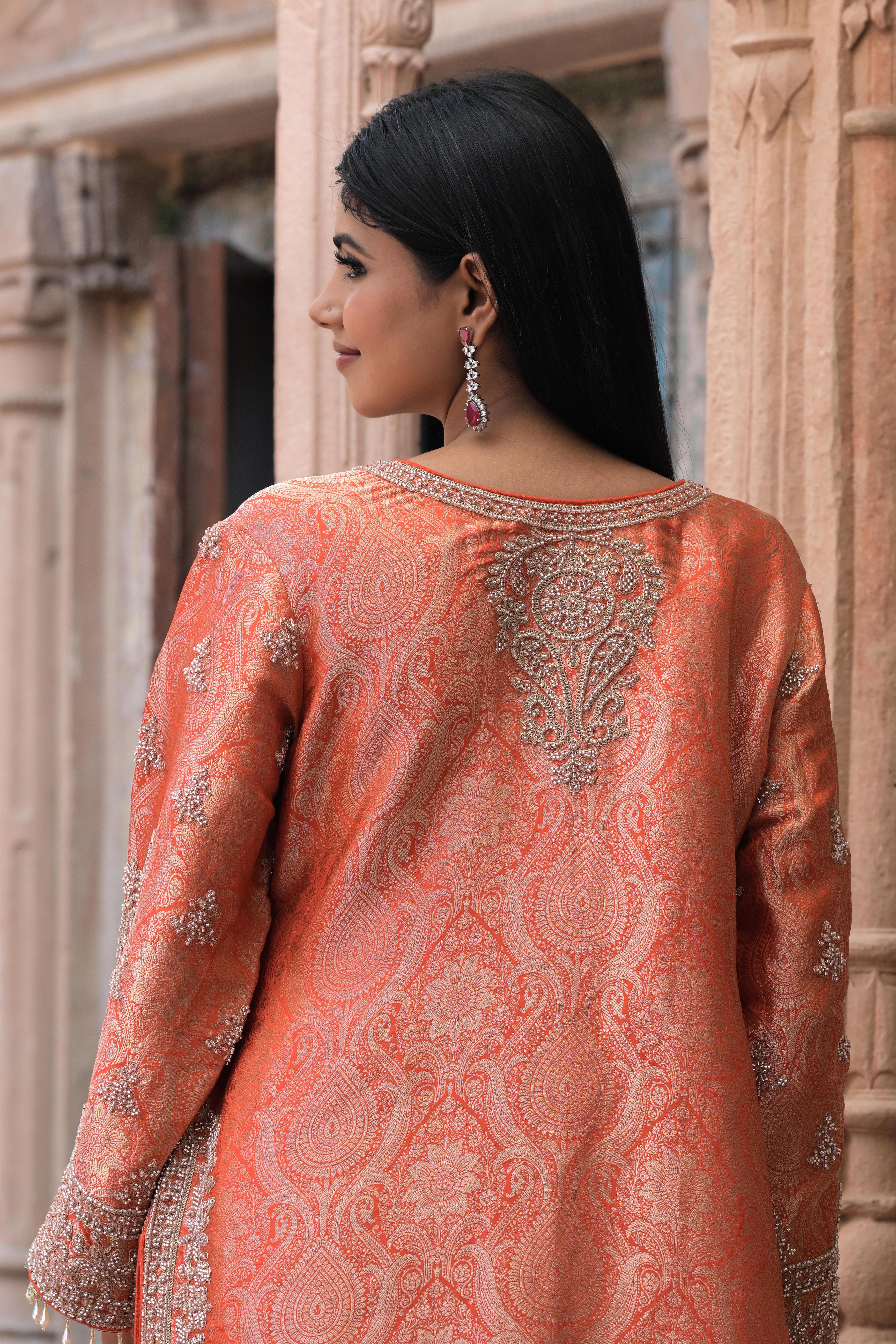 Carrot Orange Embellished Banarasi Silk Pant Set