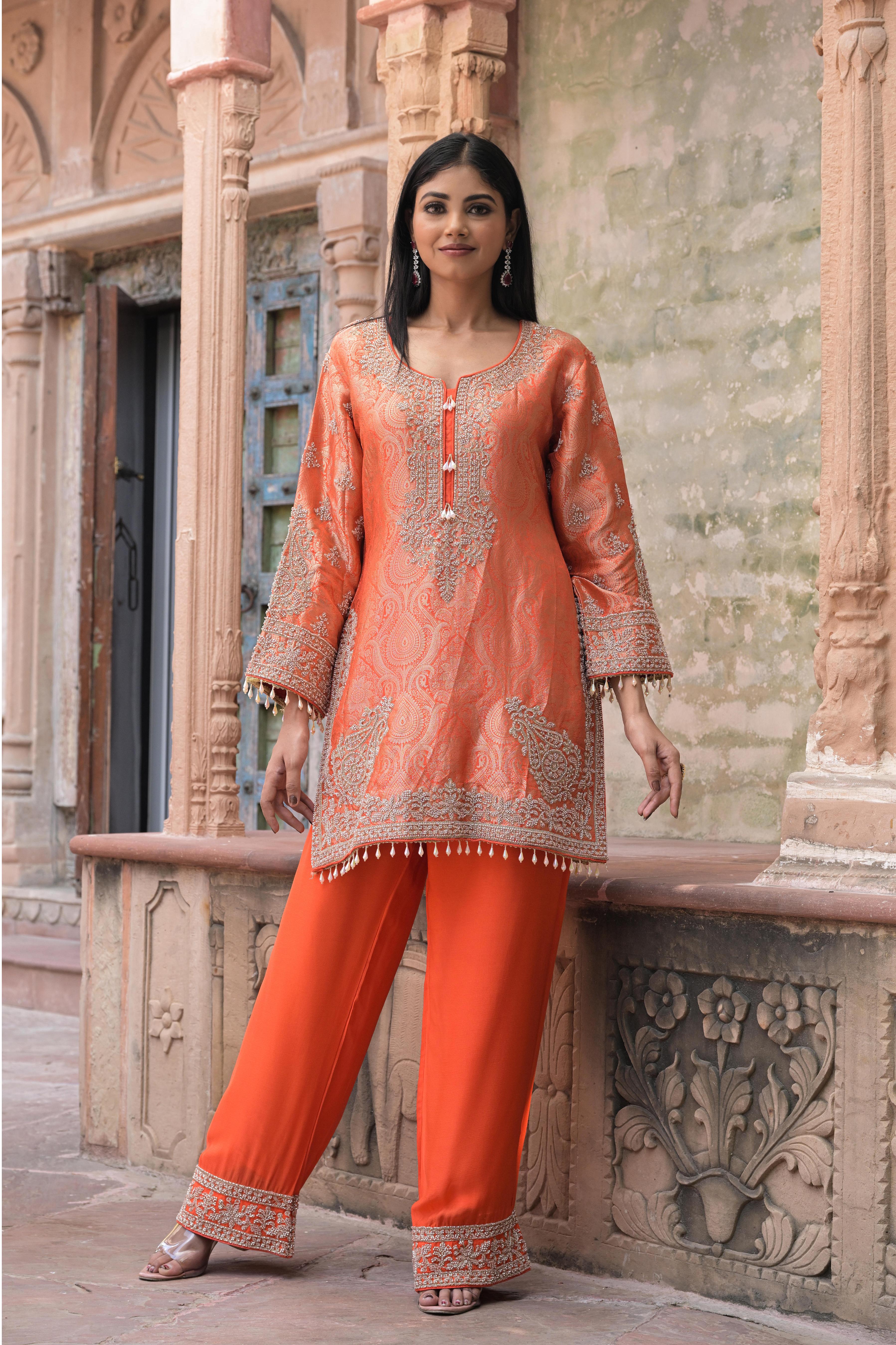 Carrot Orange Embellished Banarasi Silk Pant Set