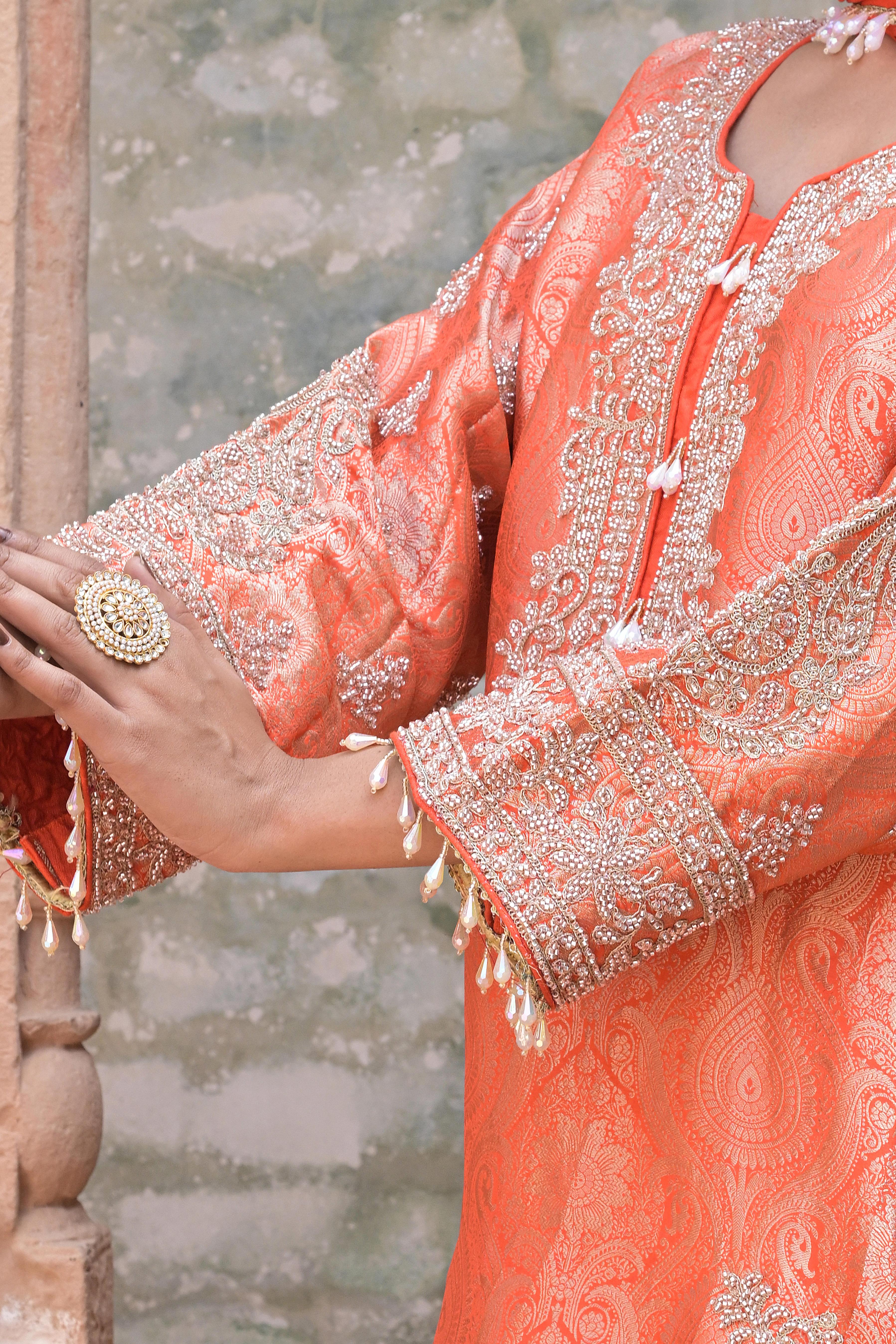 Carrot Orange Embellished Banarasi Silk Pant Set