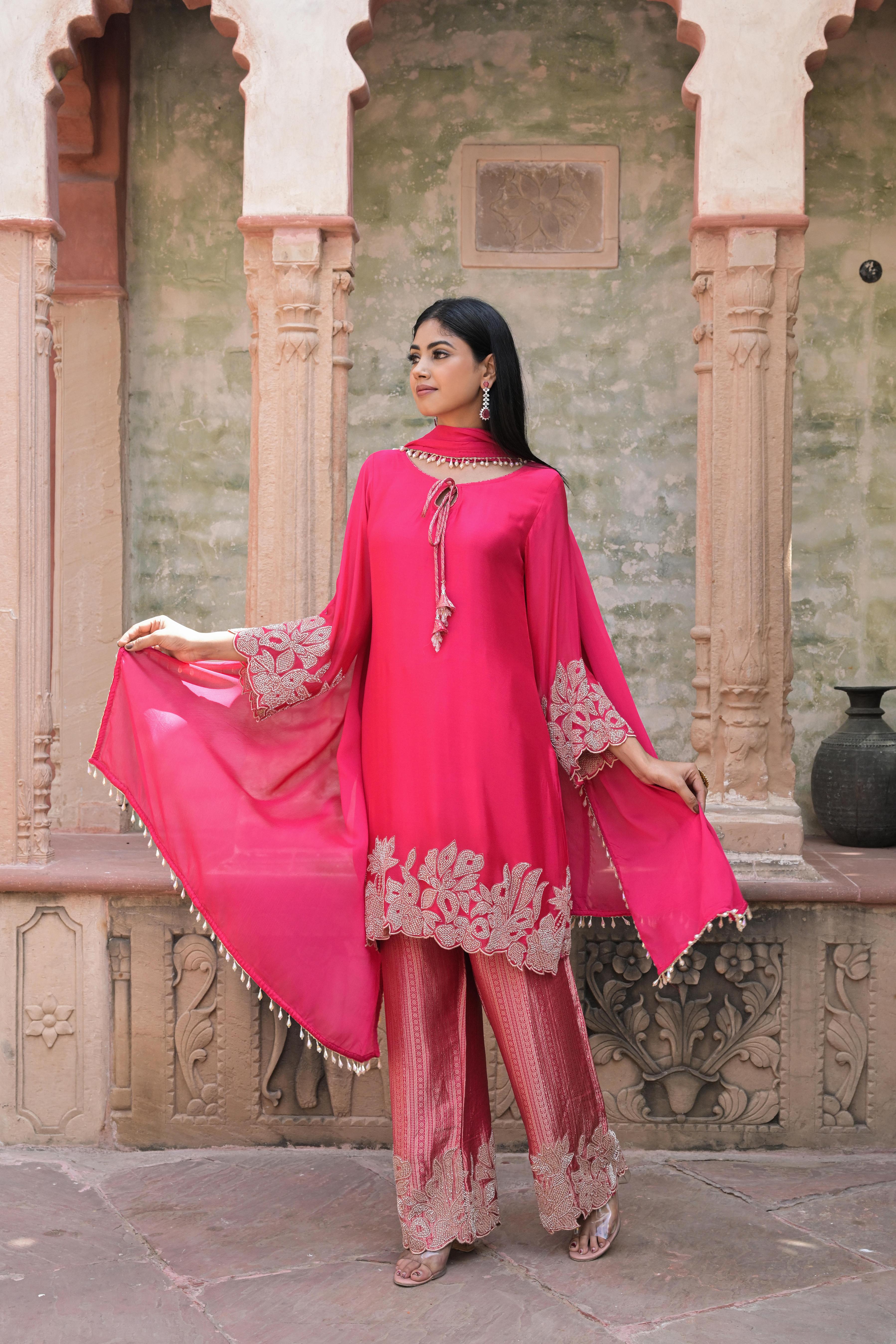Dark Pink Embellished Chinon Silk Pant Set