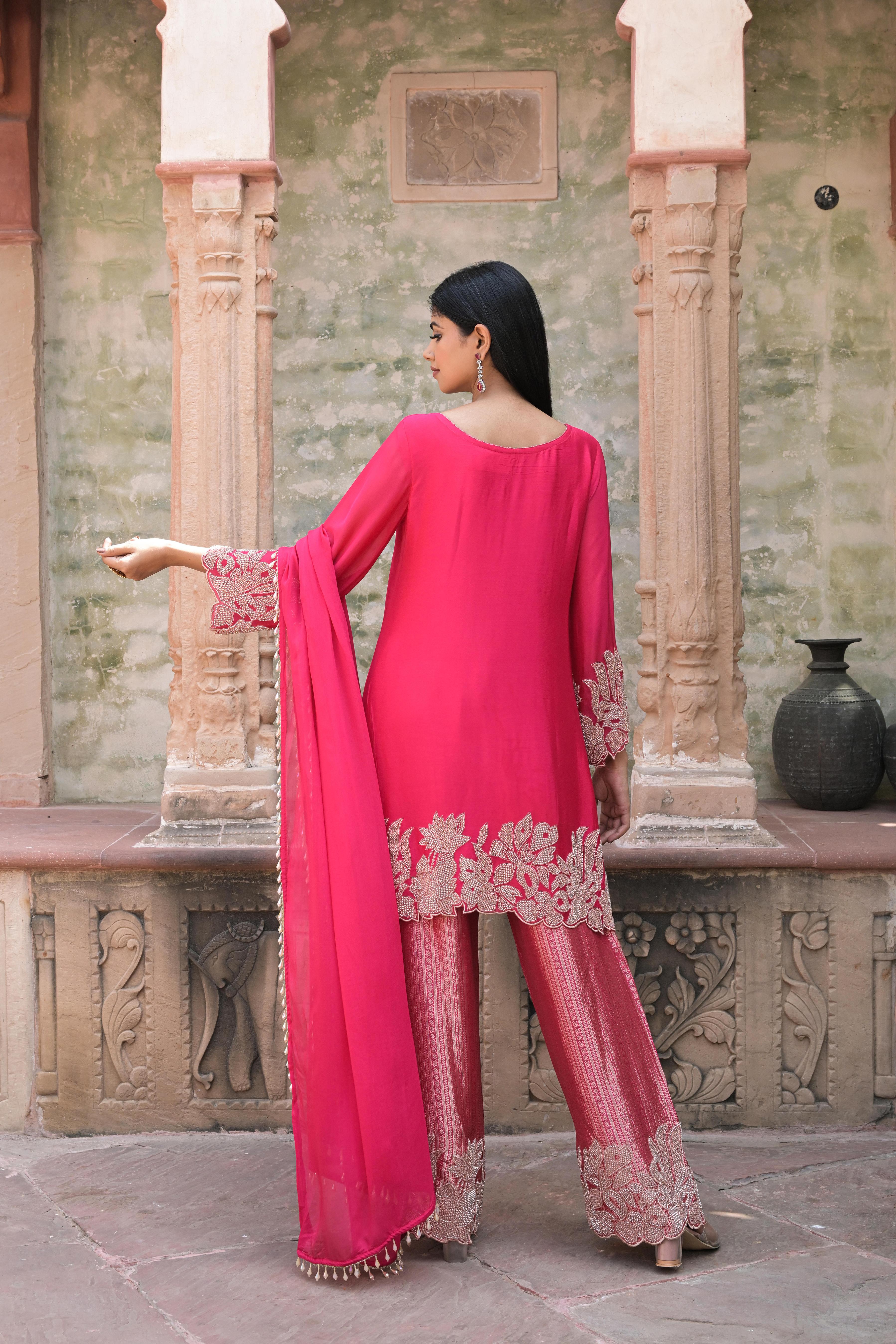 Dark Pink Embellished Chinon Silk Pant Set
