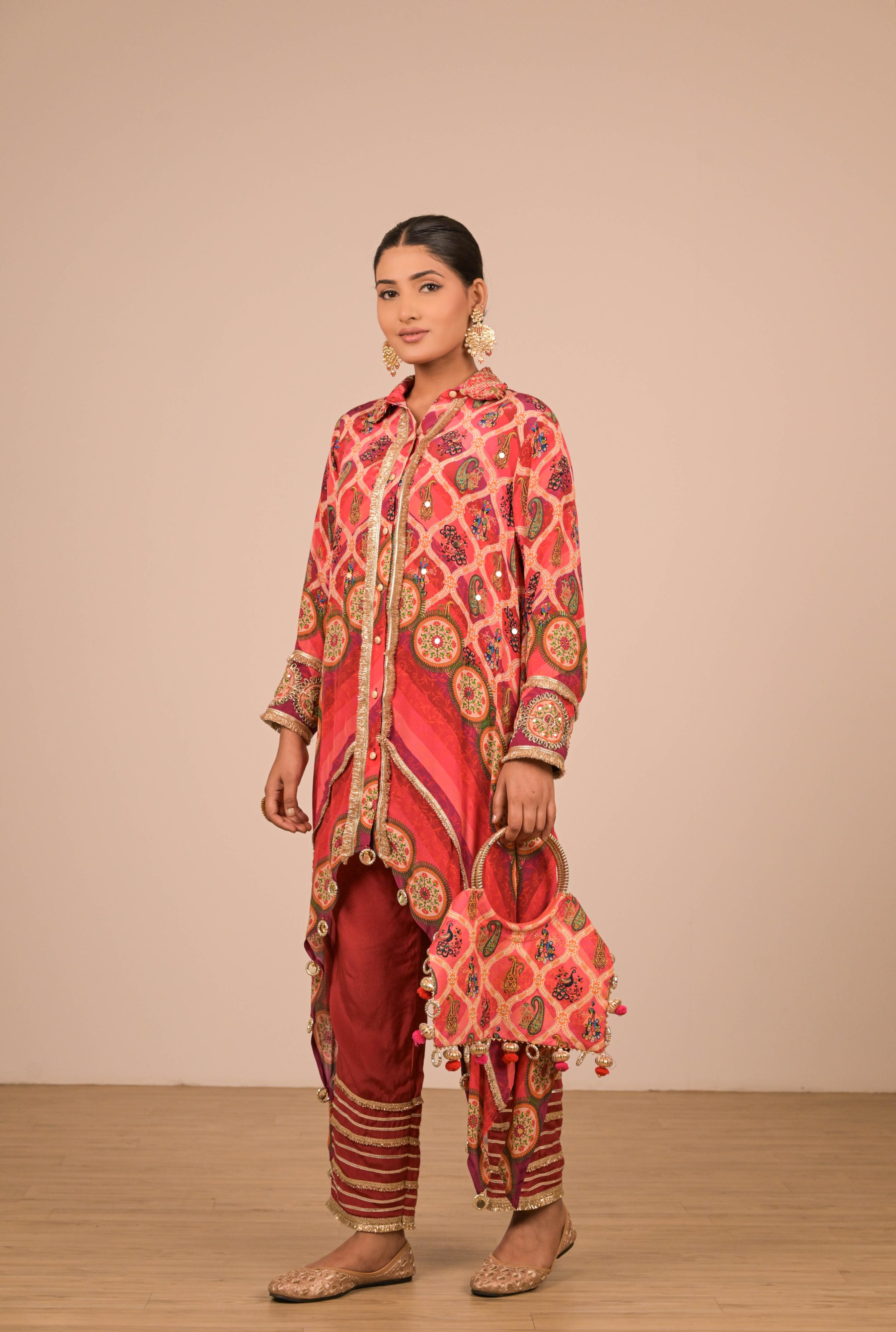 Red-Pink Asymmetrical Printed Kurta Set