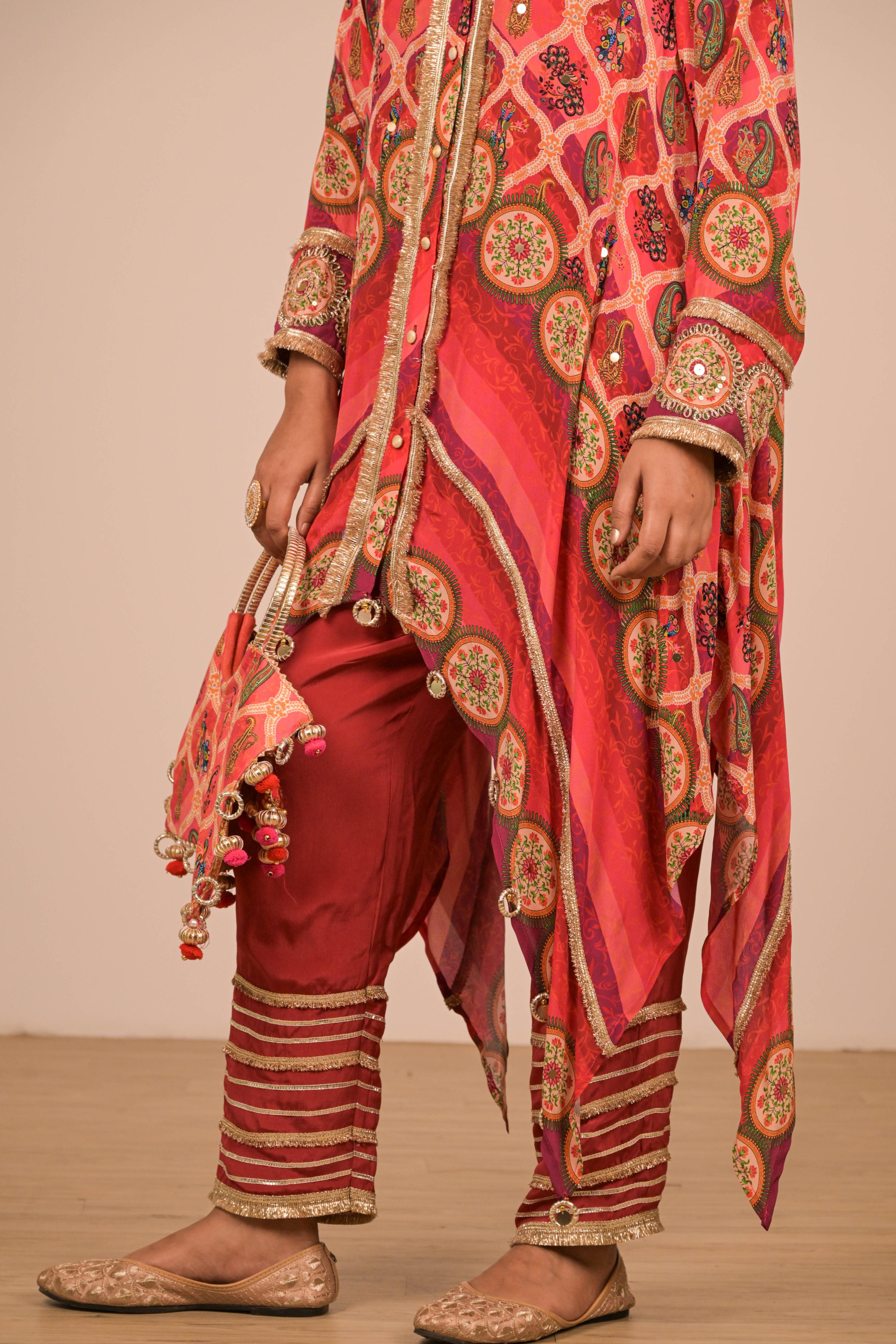 Red-Pink Asymmetrical Printed Kurta Set