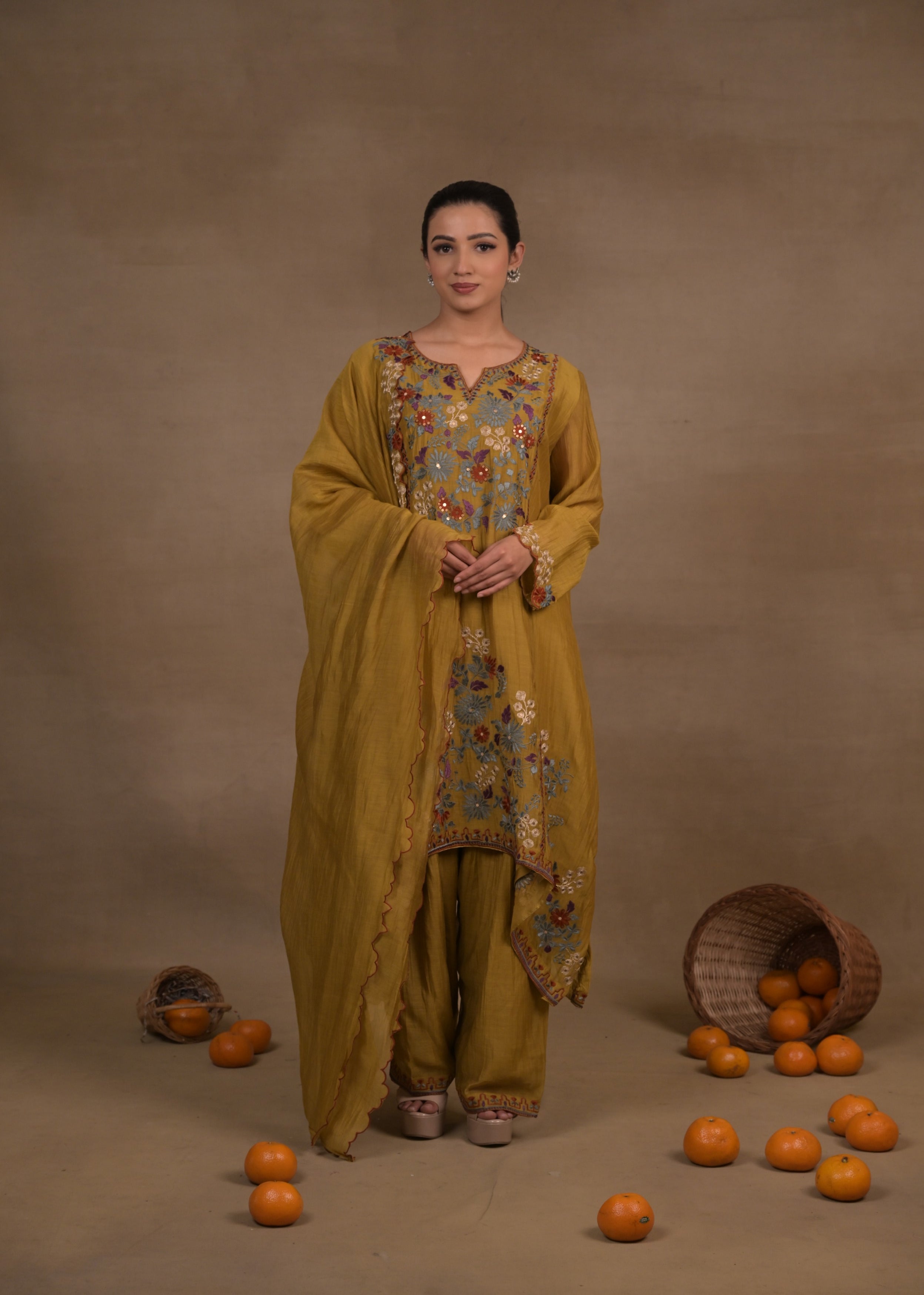 Mustard Meadow Embroidered Mul Silk Pant Set