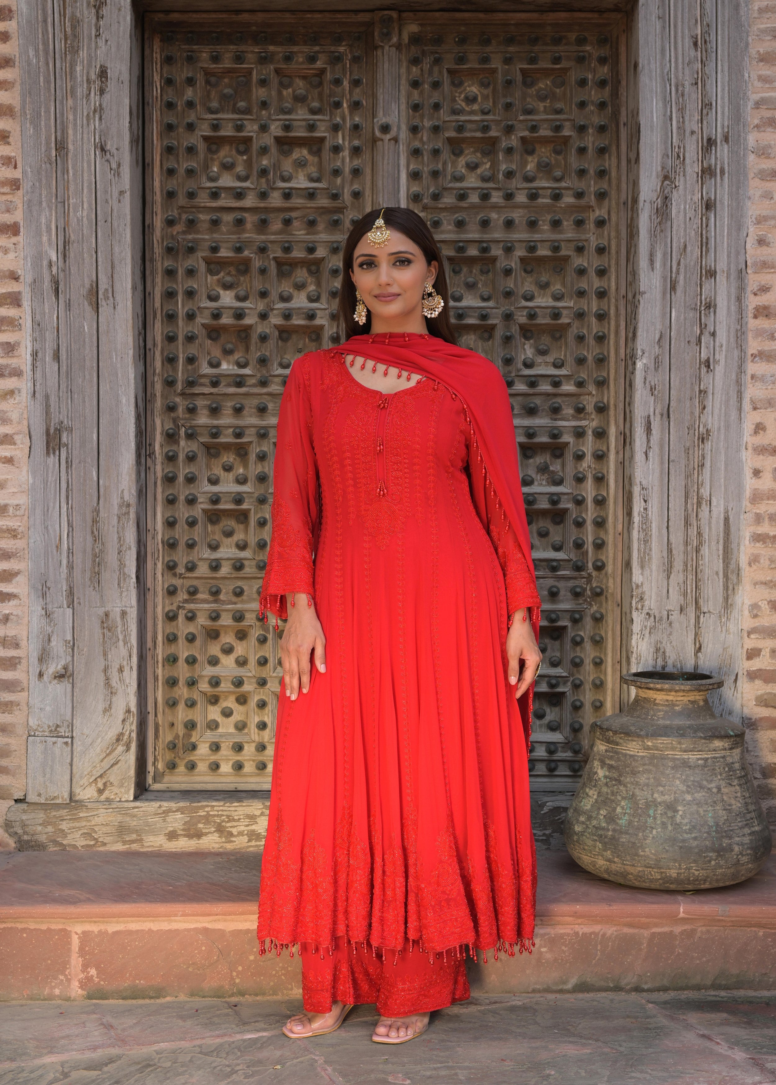 Crimson Red Embellished Georgette Silk Anarkali Set