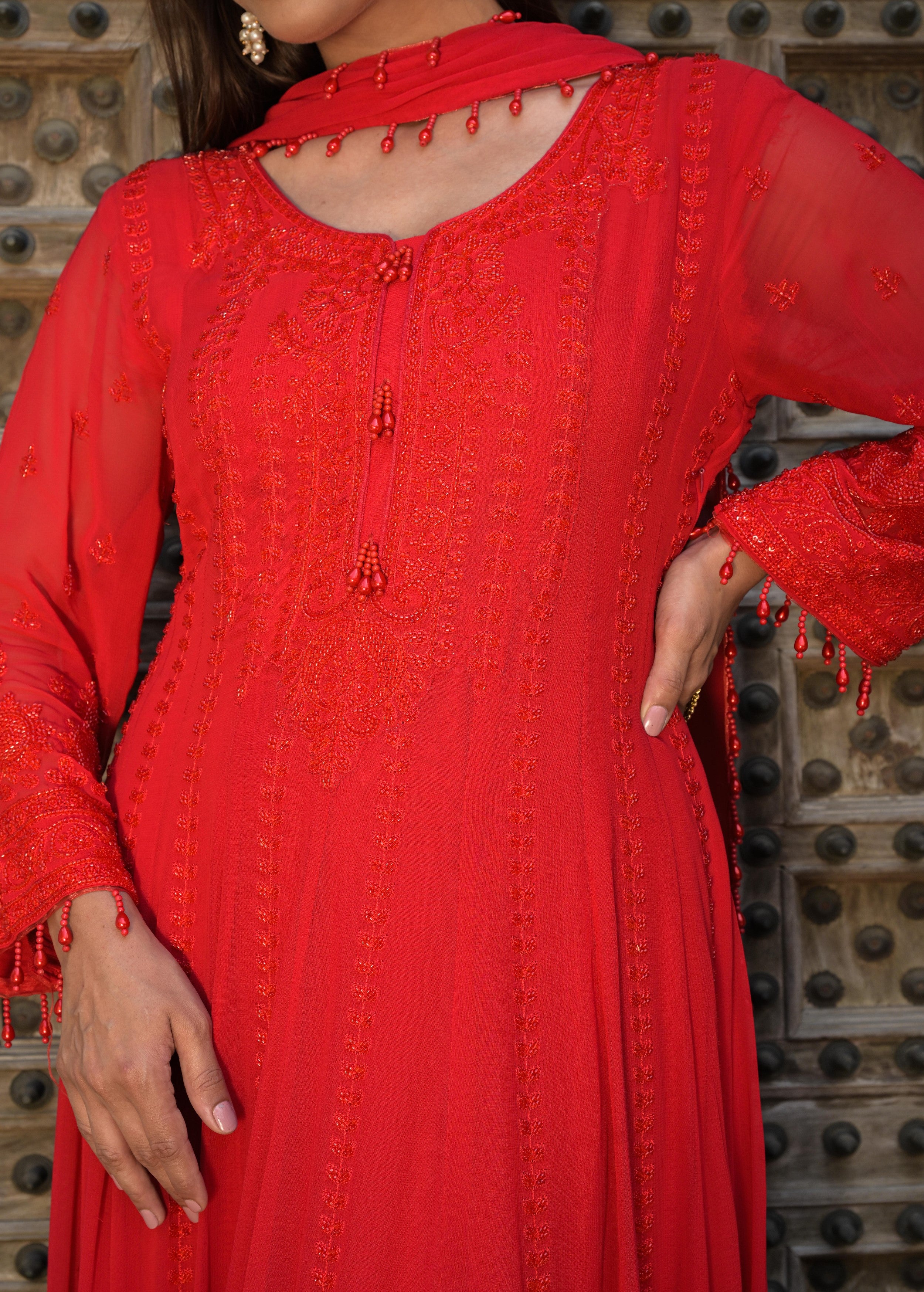 Crimson Red Embellished Georgette Silk Anarkali Set