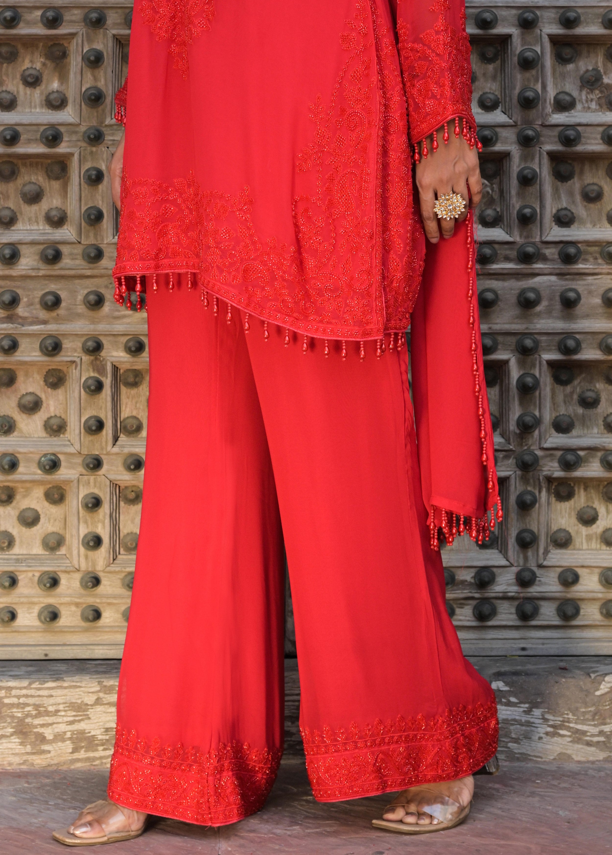 Scarlet Red Embellished Georgette Silk Pant Set