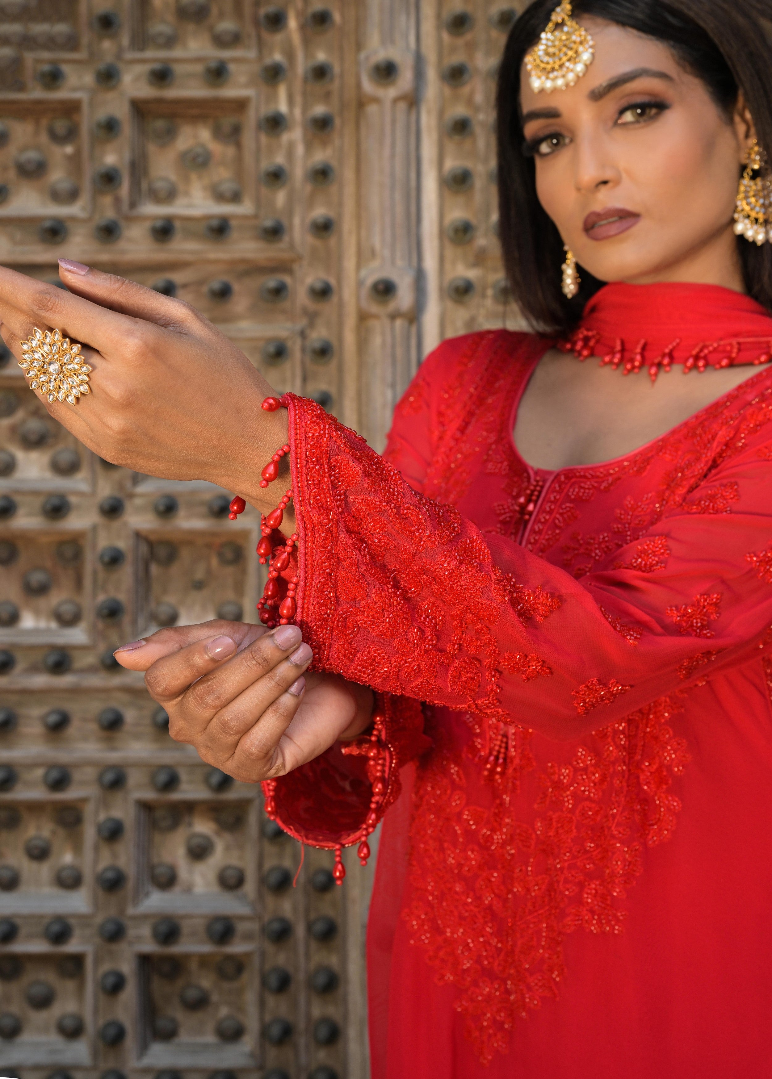 Scarlet Red Embellished Georgette Silk Pant Set