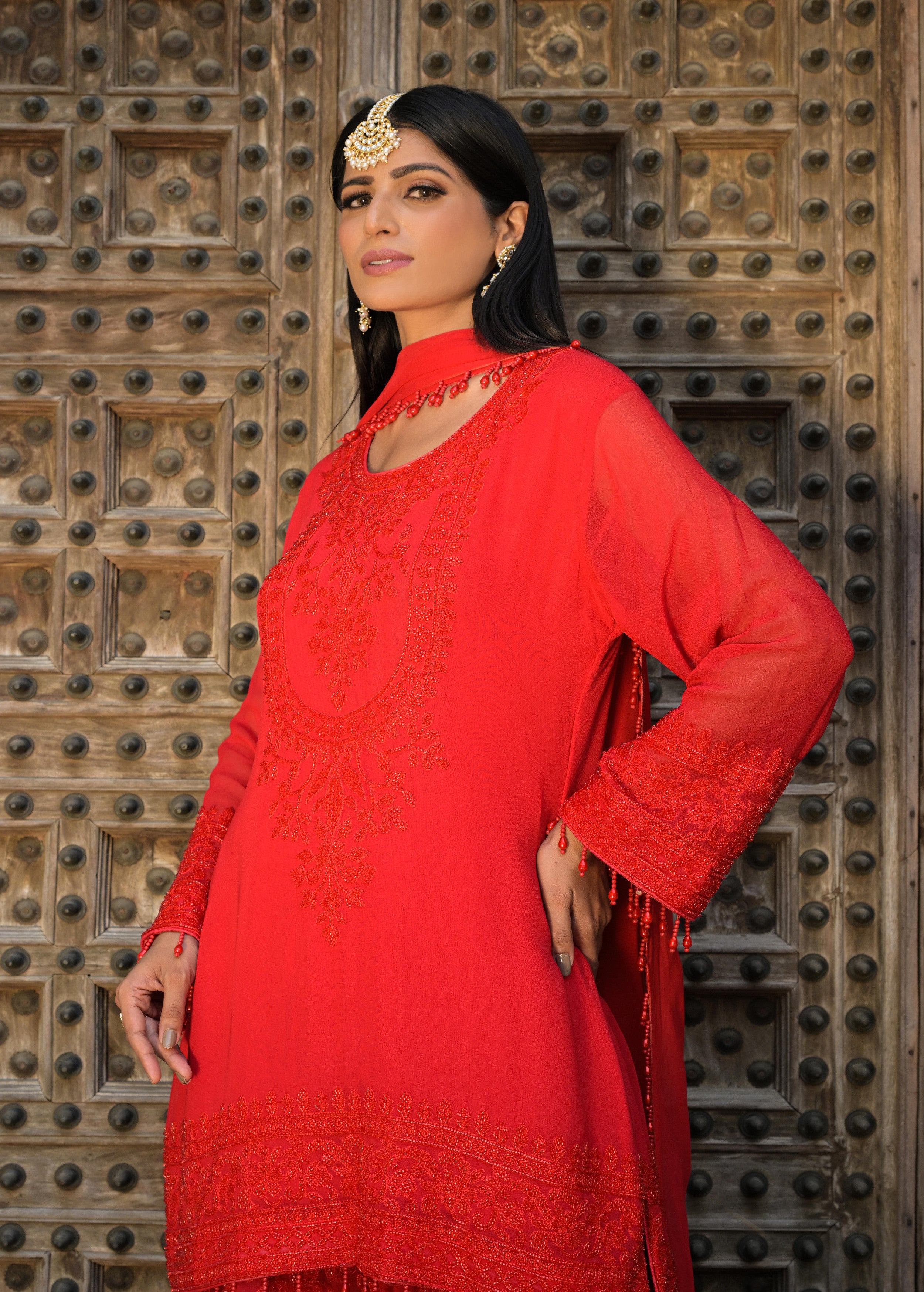 Scarlet Red Embellished Georgette Silk Palazzo Set