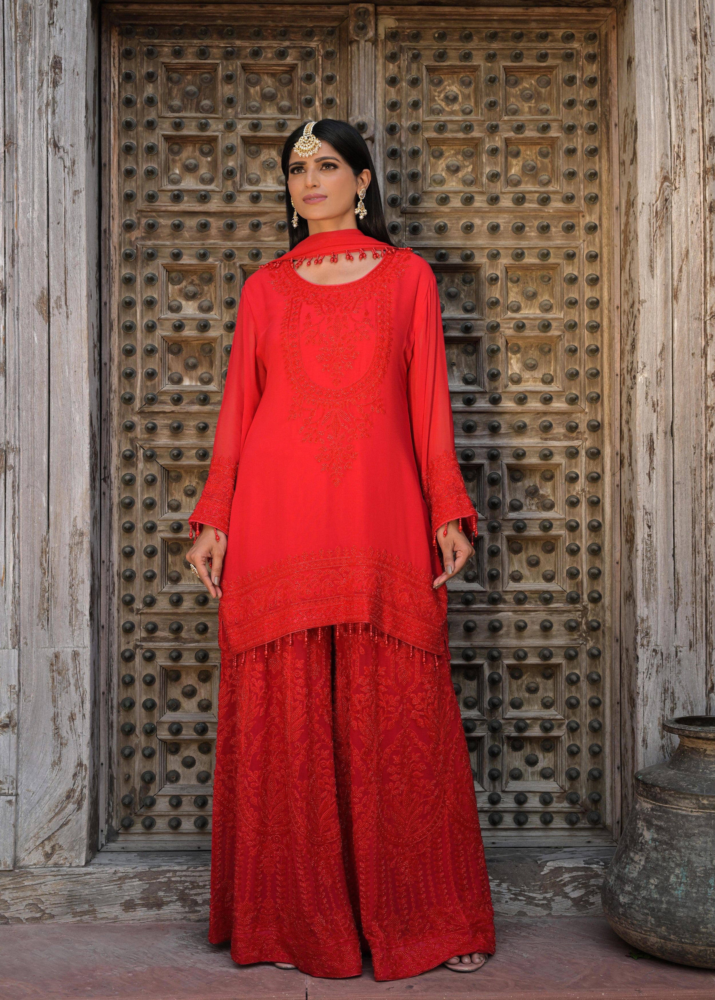 Scarlet Red Embellished Georgette Silk Palazzo Set