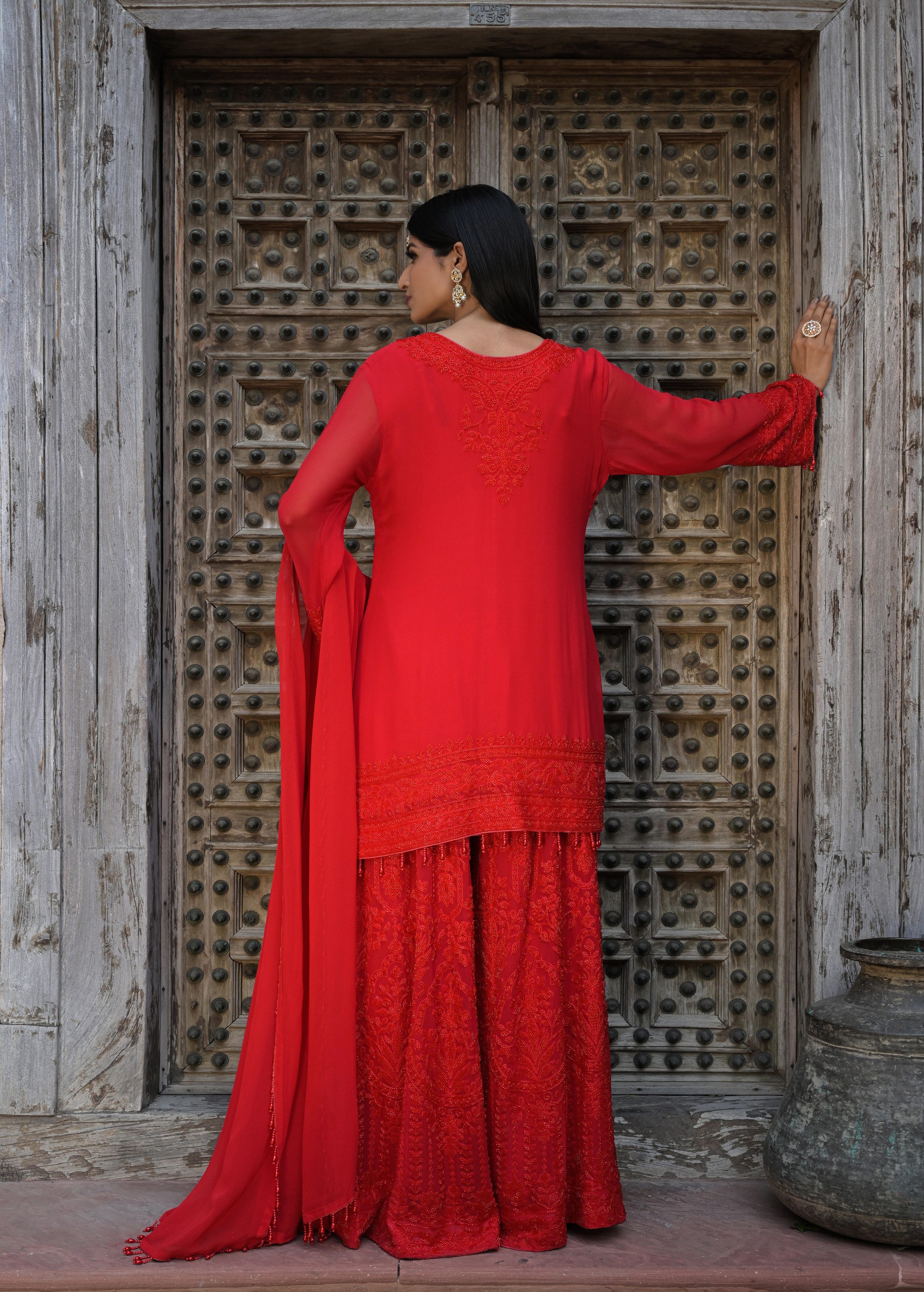 Scarlet Red Embellished Georgette Silk Palazzo Set