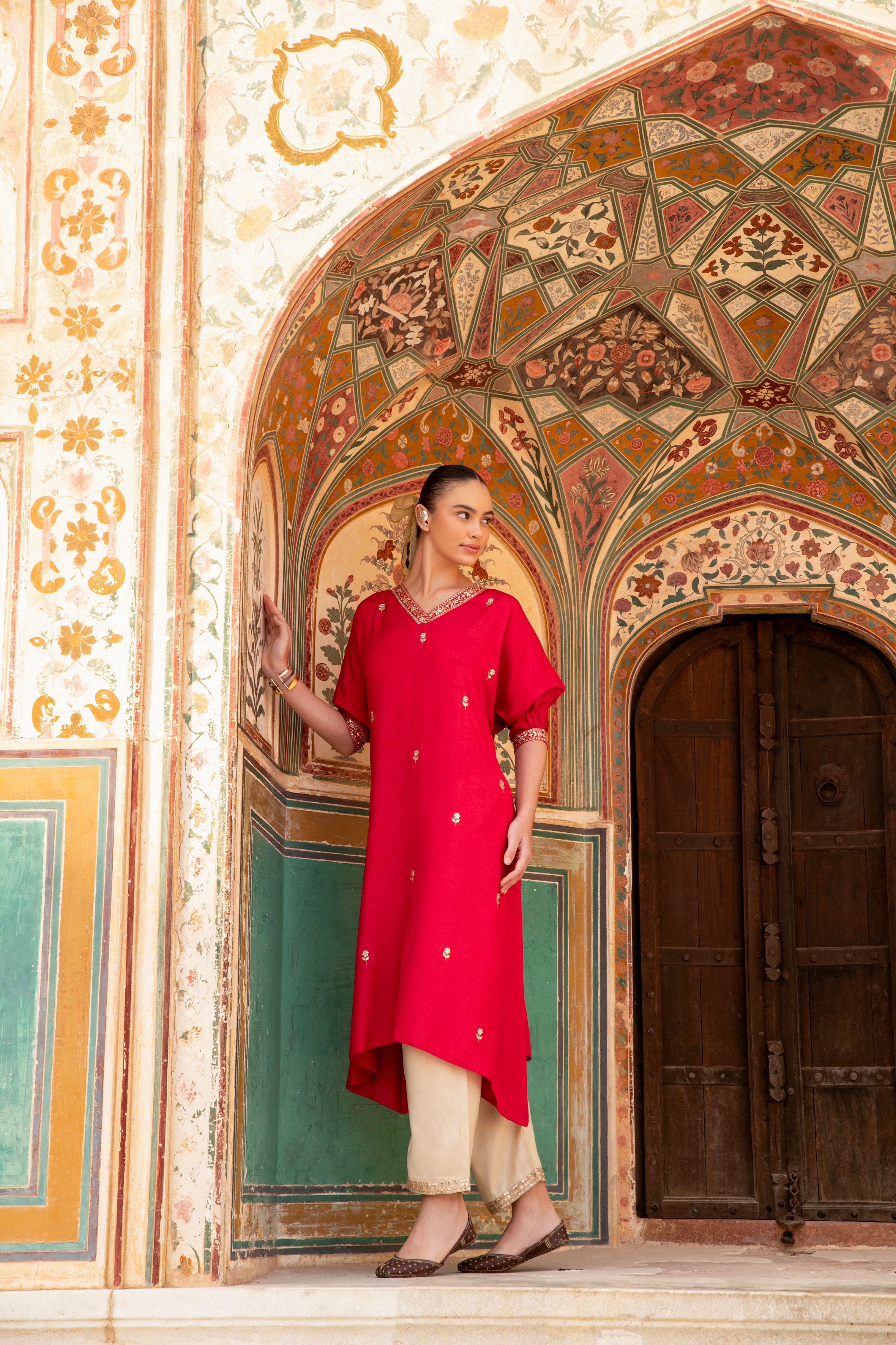 Cherry Red Embellished Dola Silk Kurta Set