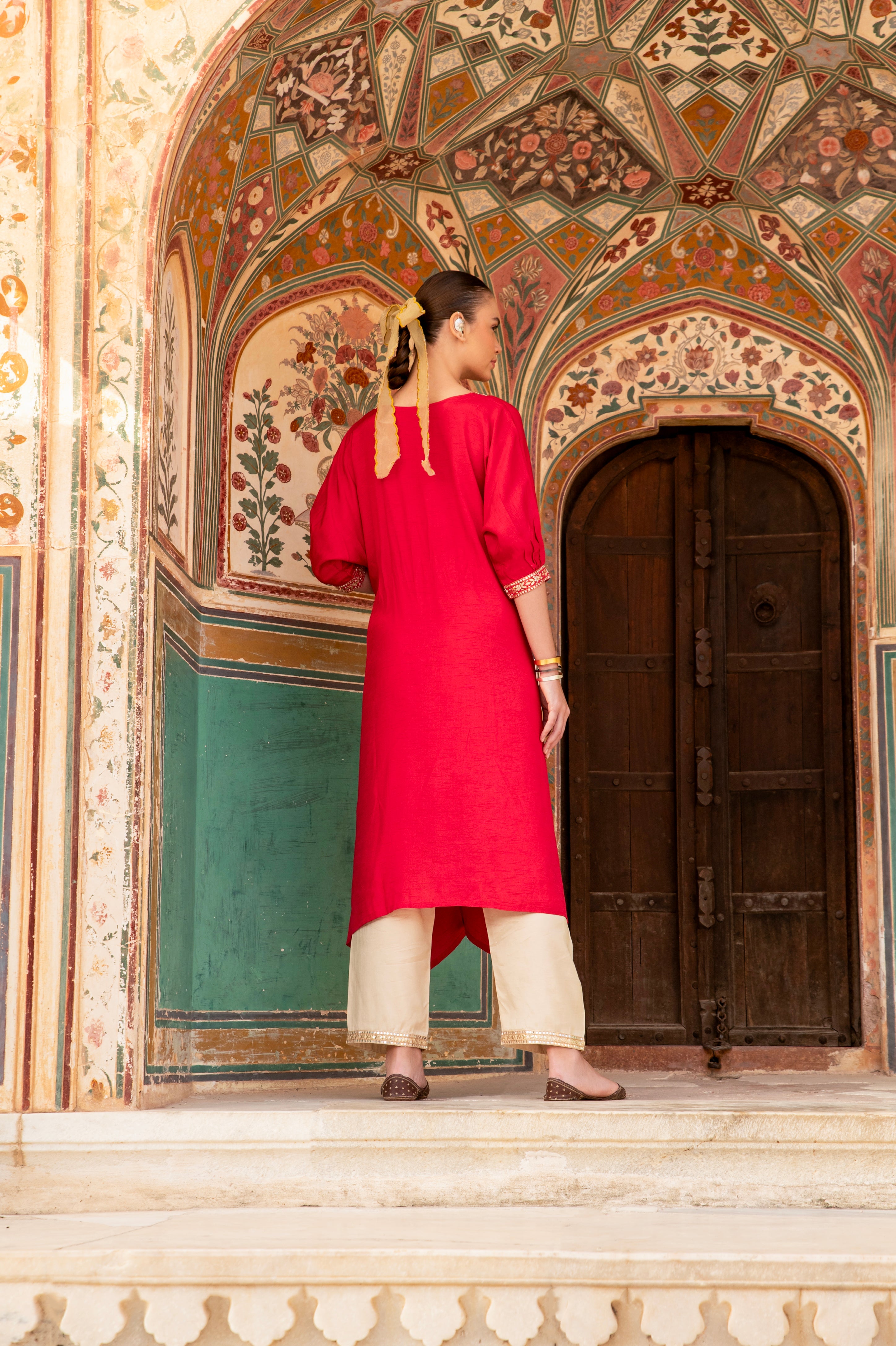 Cherry Red Embellished Dola Silk Kurta Set