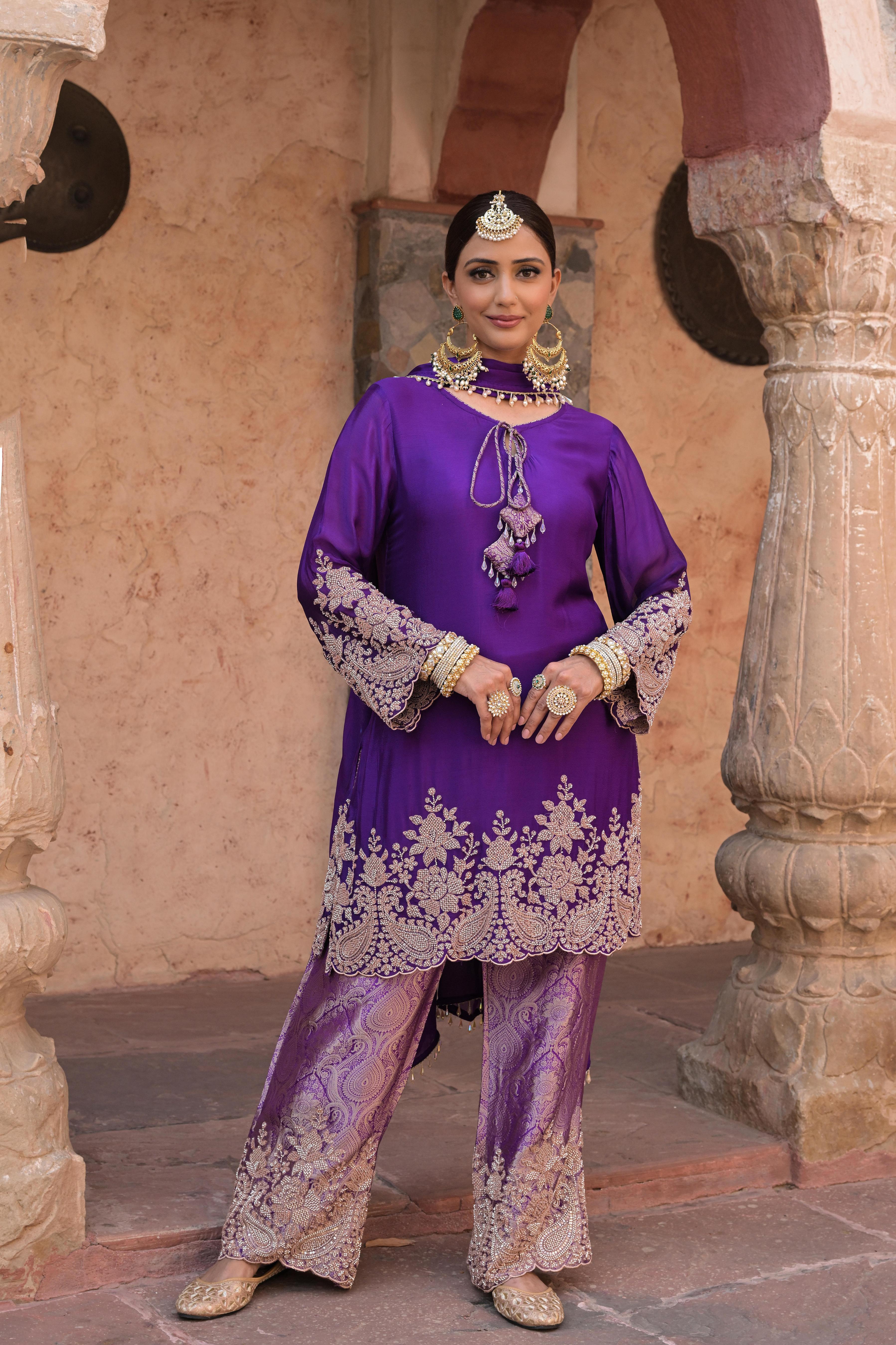 Royal Purple Embellished Chinon Silk Pant Set