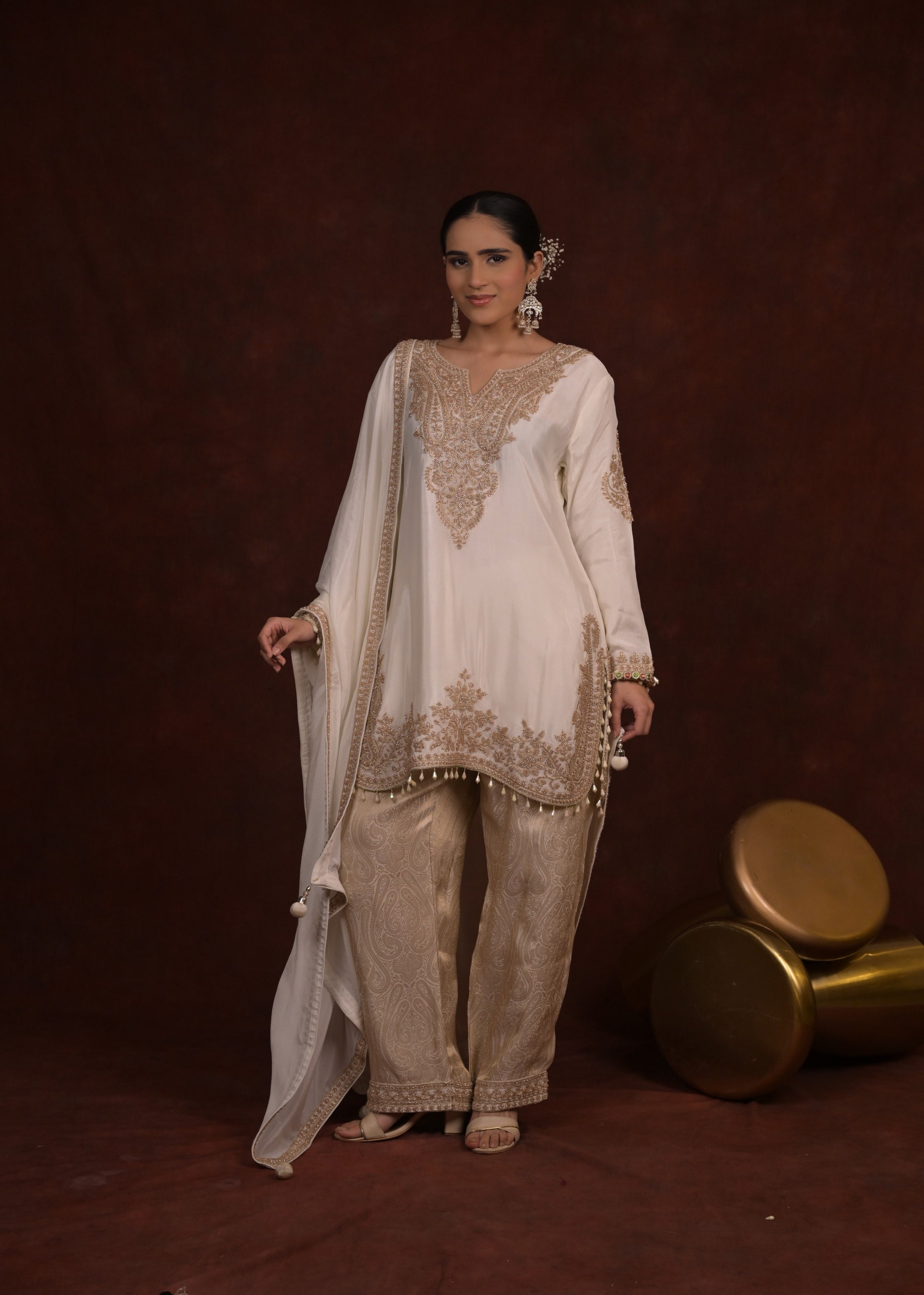 Ivory Pearl Embellished Organza Tissue Silk Pant Set