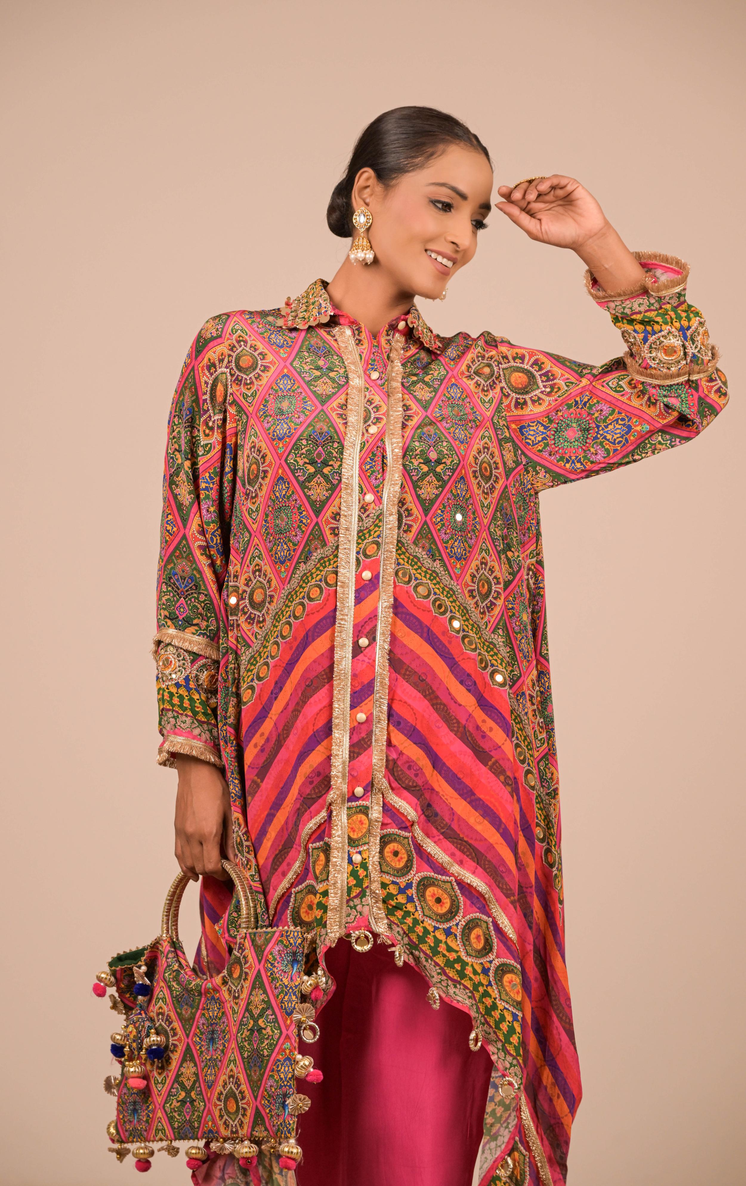 Asymmetrical Printed Kurta Set in Jewel Tones