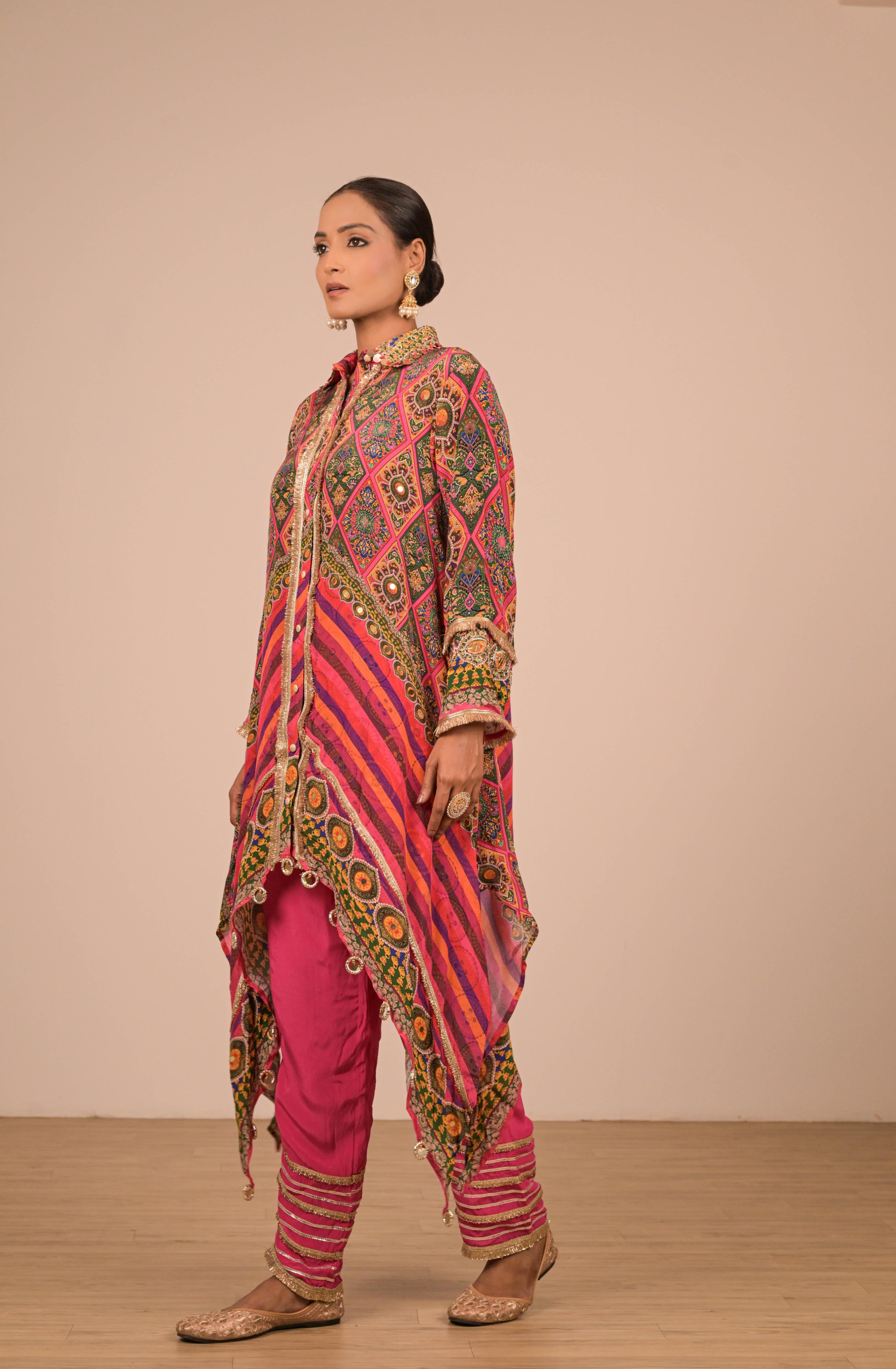 Asymmetrical Printed Kurta Set in Jewel Tones