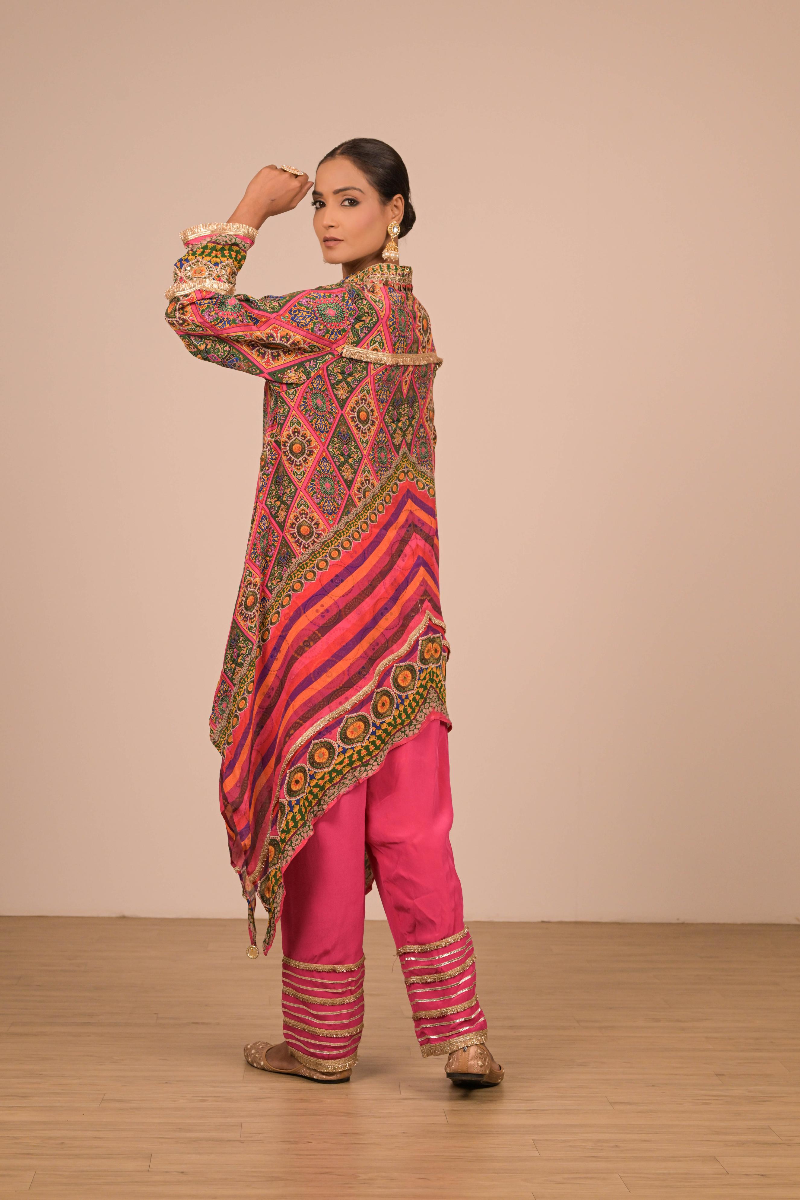 Asymmetrical Printed Kurta Set in Jewel Tones