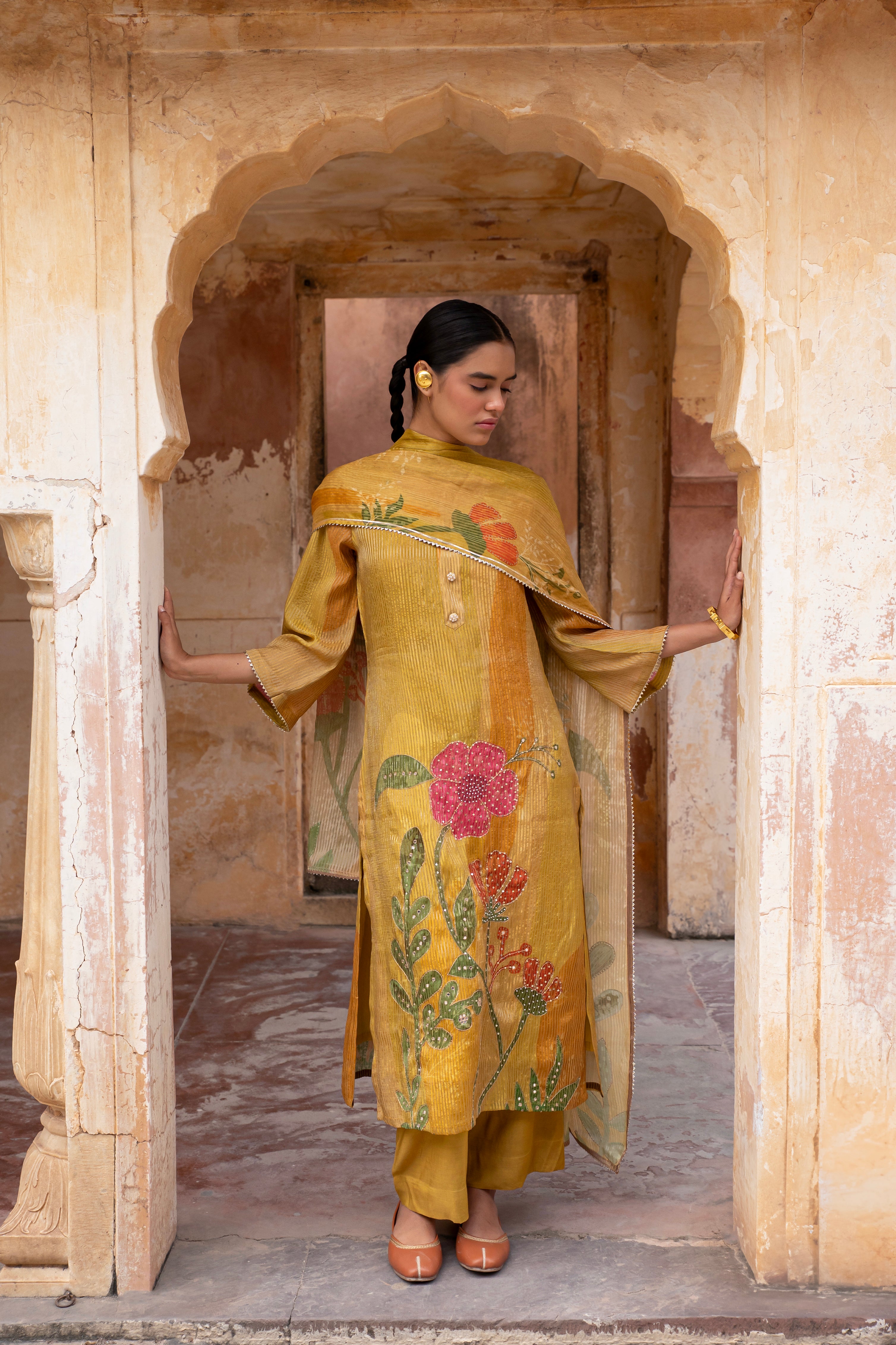 Mustard Embellished Premium Silk Pant Set