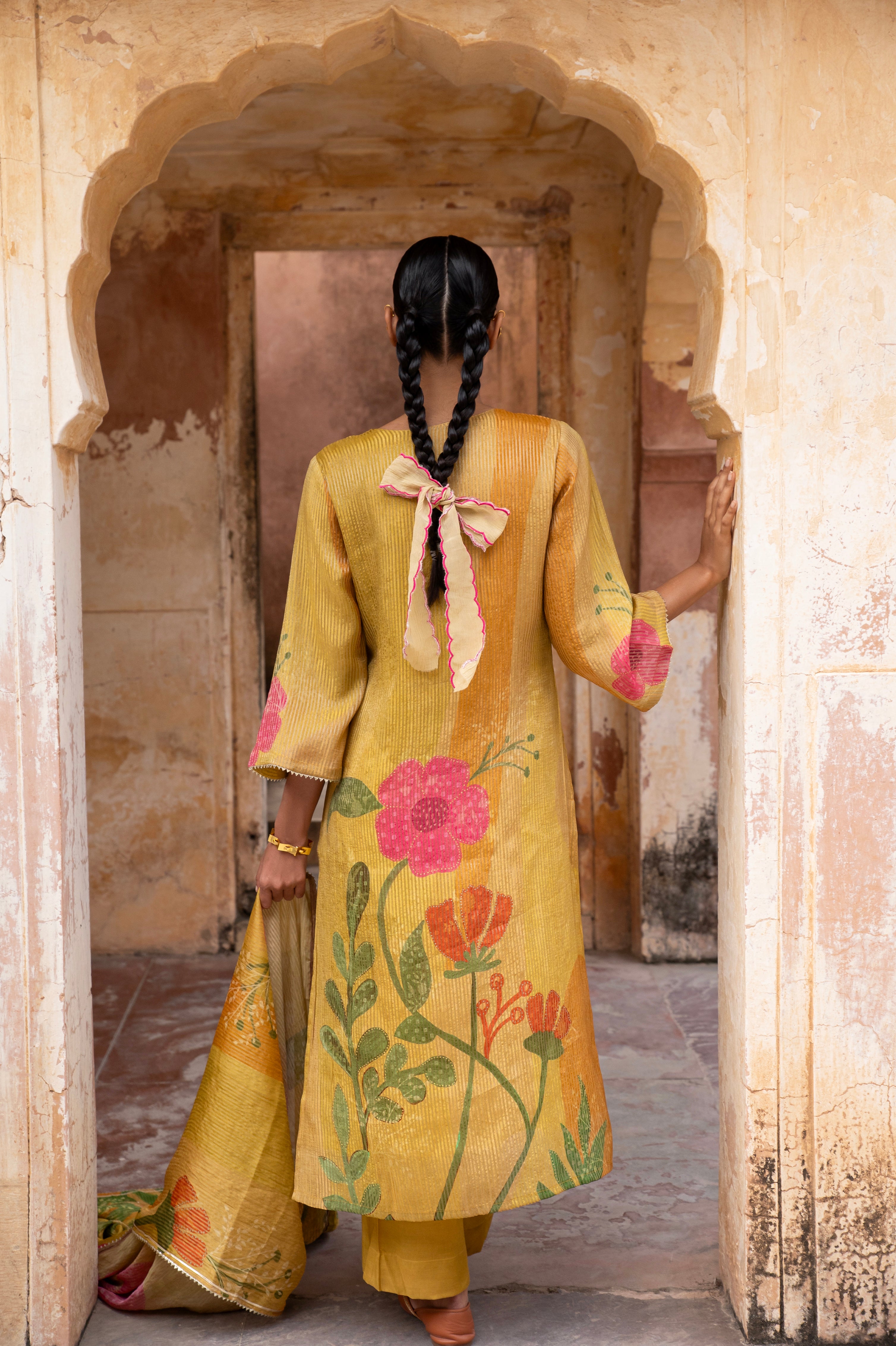 Mustard Embellished Premium Silk Pant Set