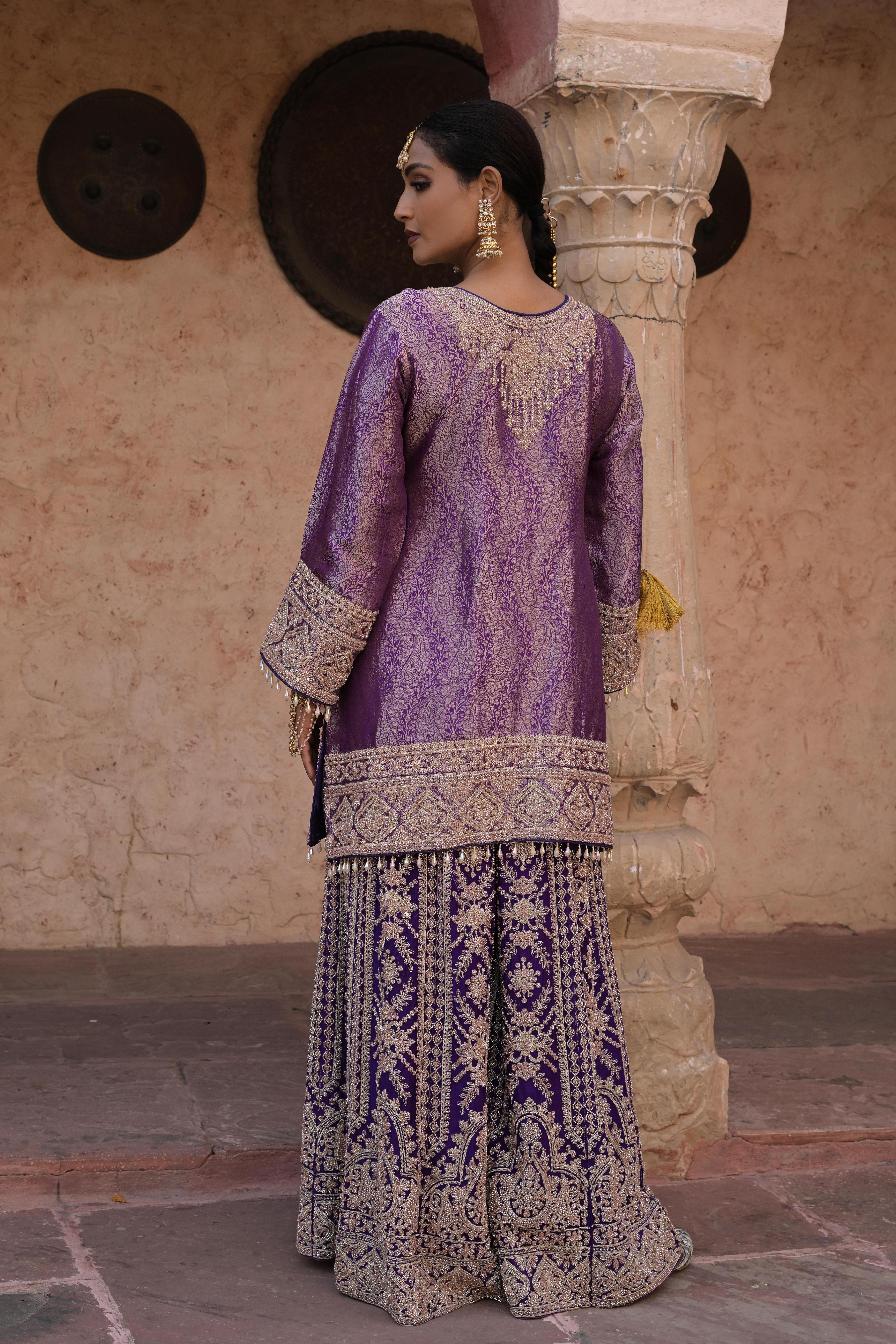 Deep Rich Purple Embellished Banarasi Silk Palazzo Set