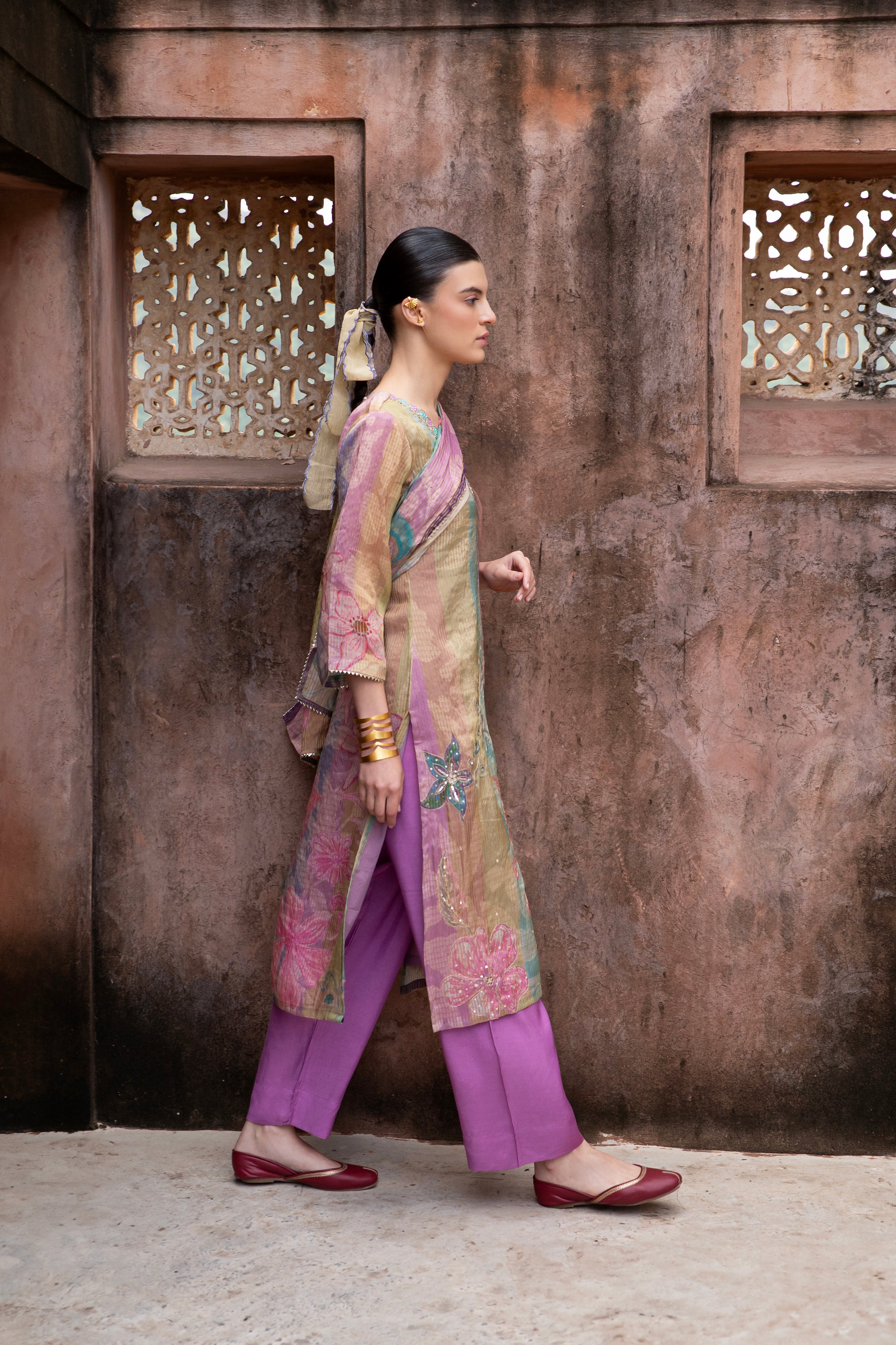 Purple Embellished Premium Silk Pant Set
