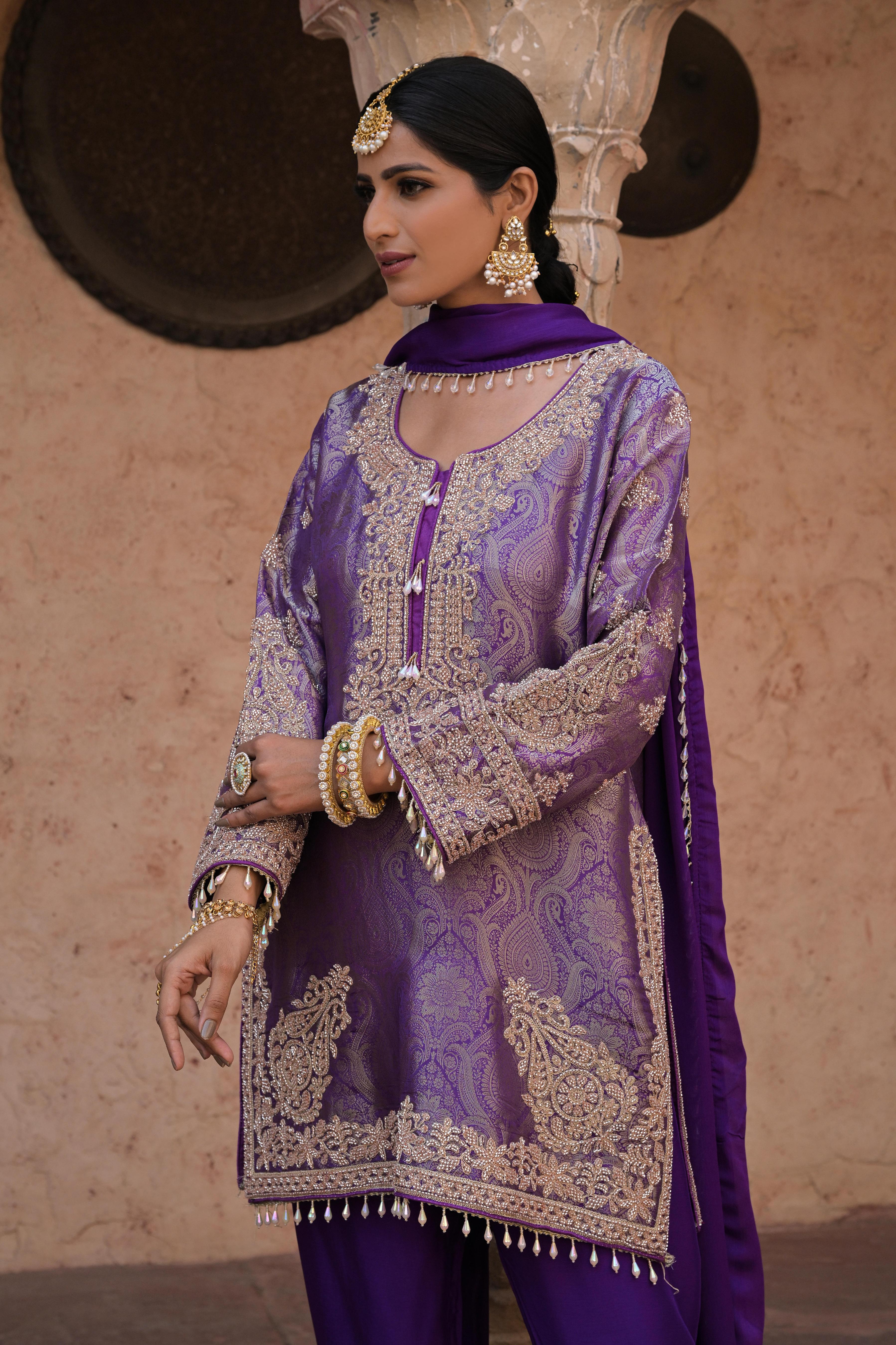 Dark Orchid Purple Embellished Banarasi Silk Pant Set