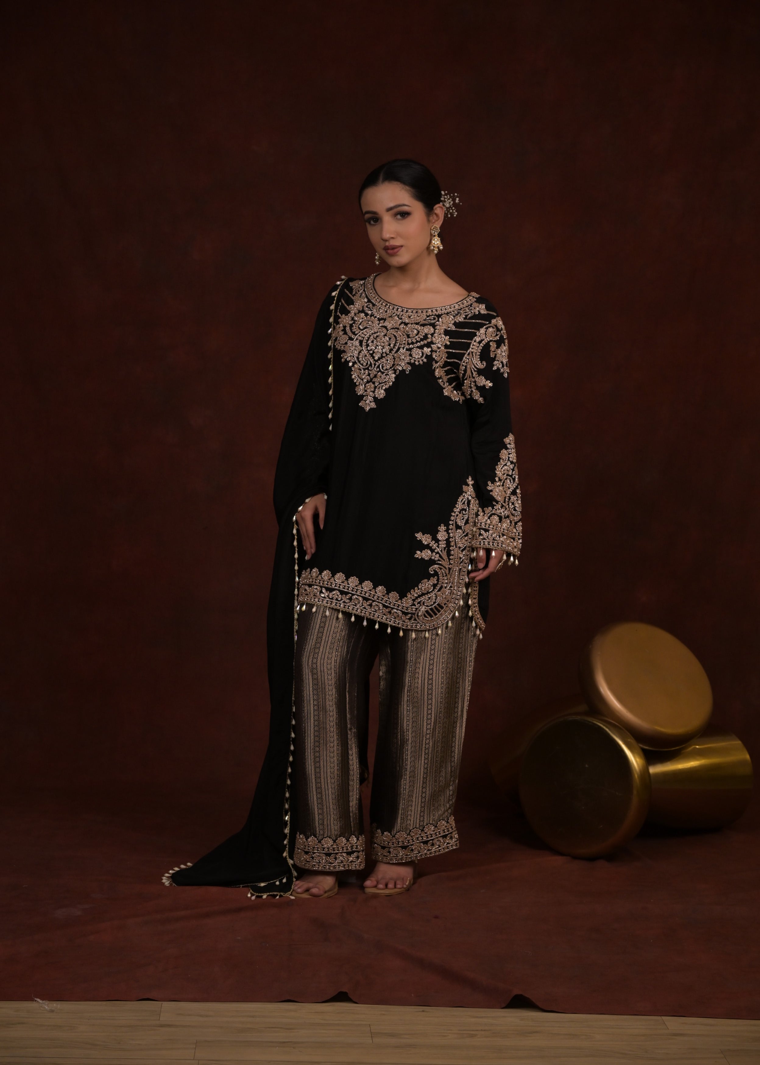 Midnight Onyx Embellished Organza Tissue Silk Pant Set