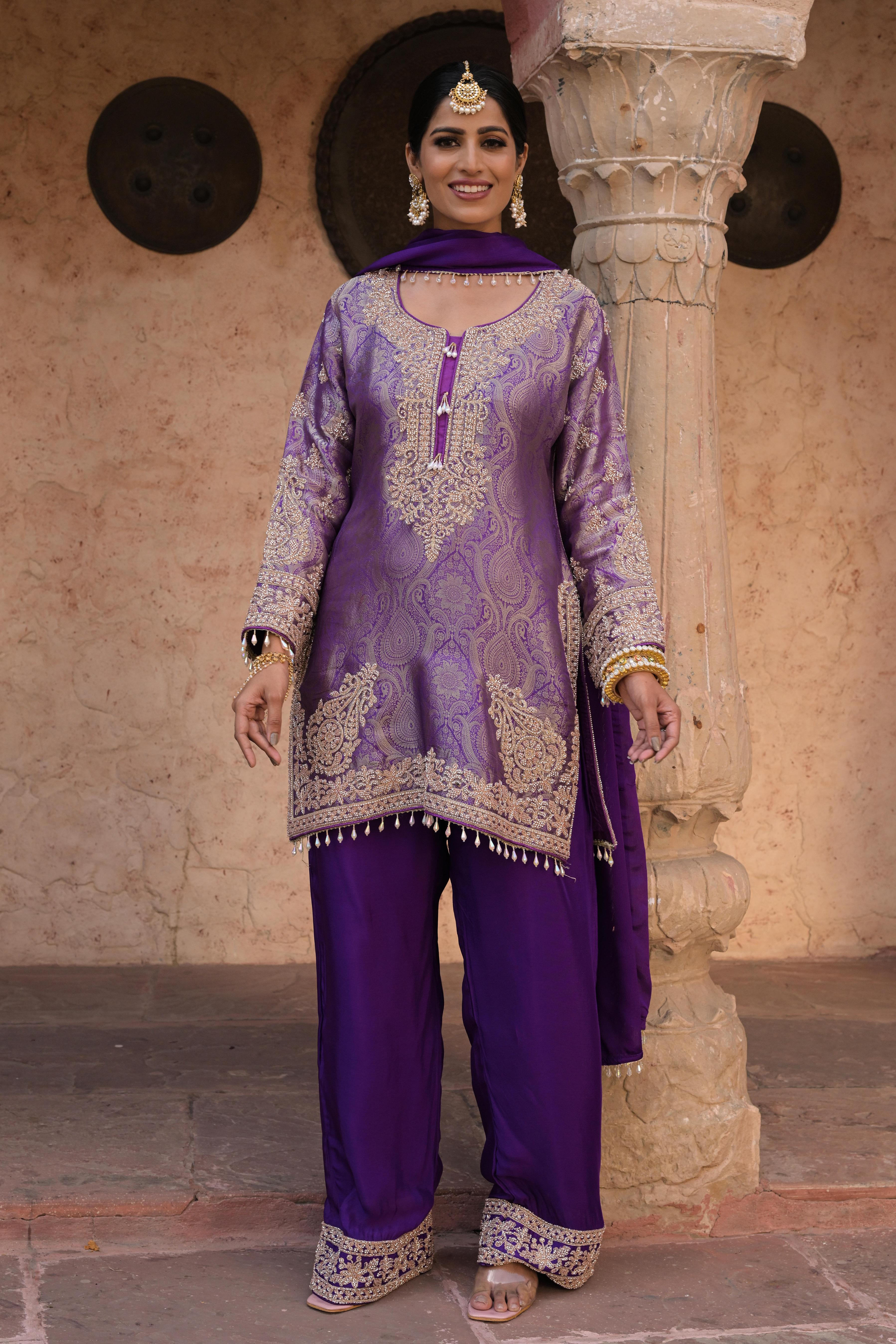 Dark Orchid Purple Embellished Banarasi Silk Pant Set