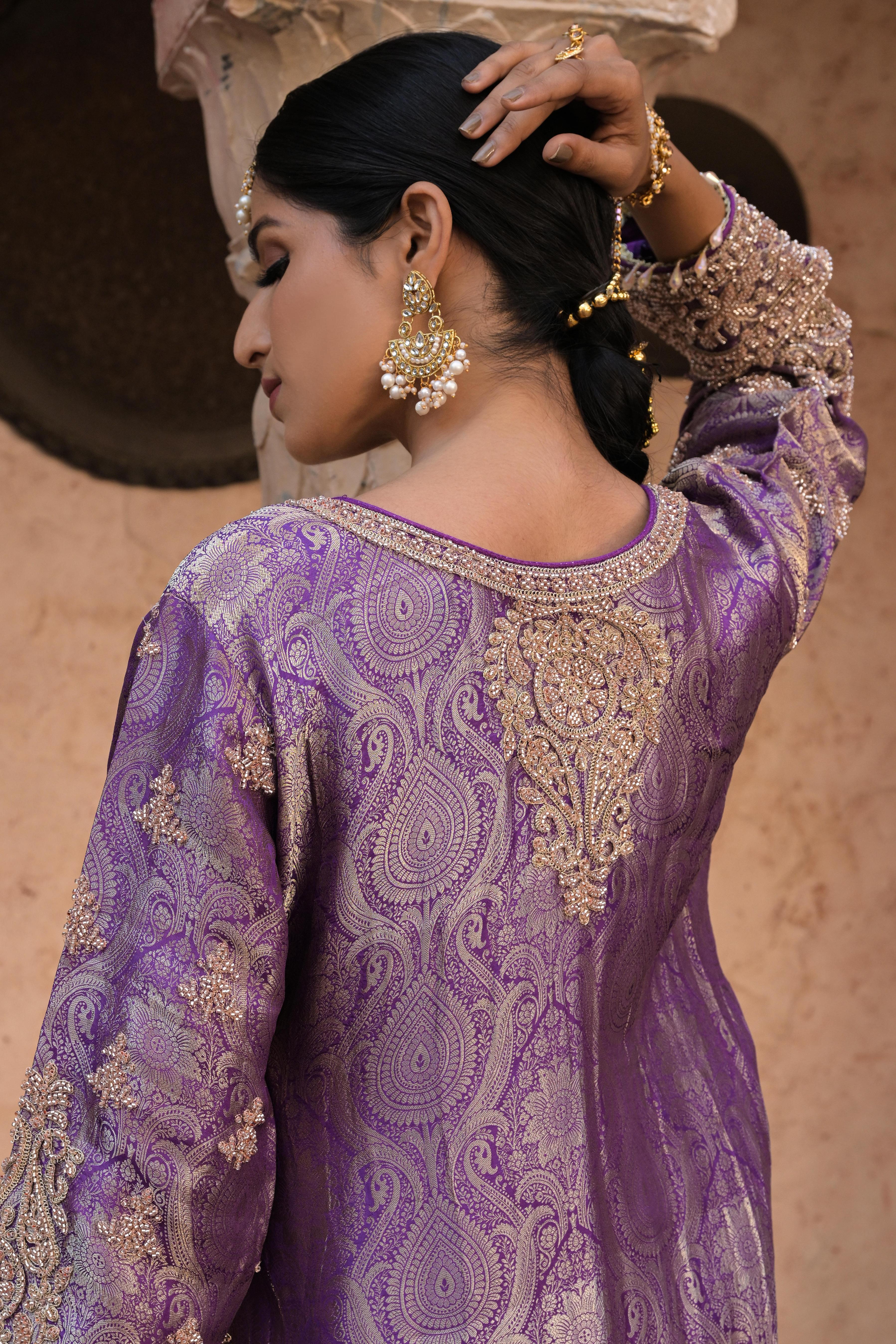 Dark Orchid Purple Embellished Banarasi Silk Pant Set