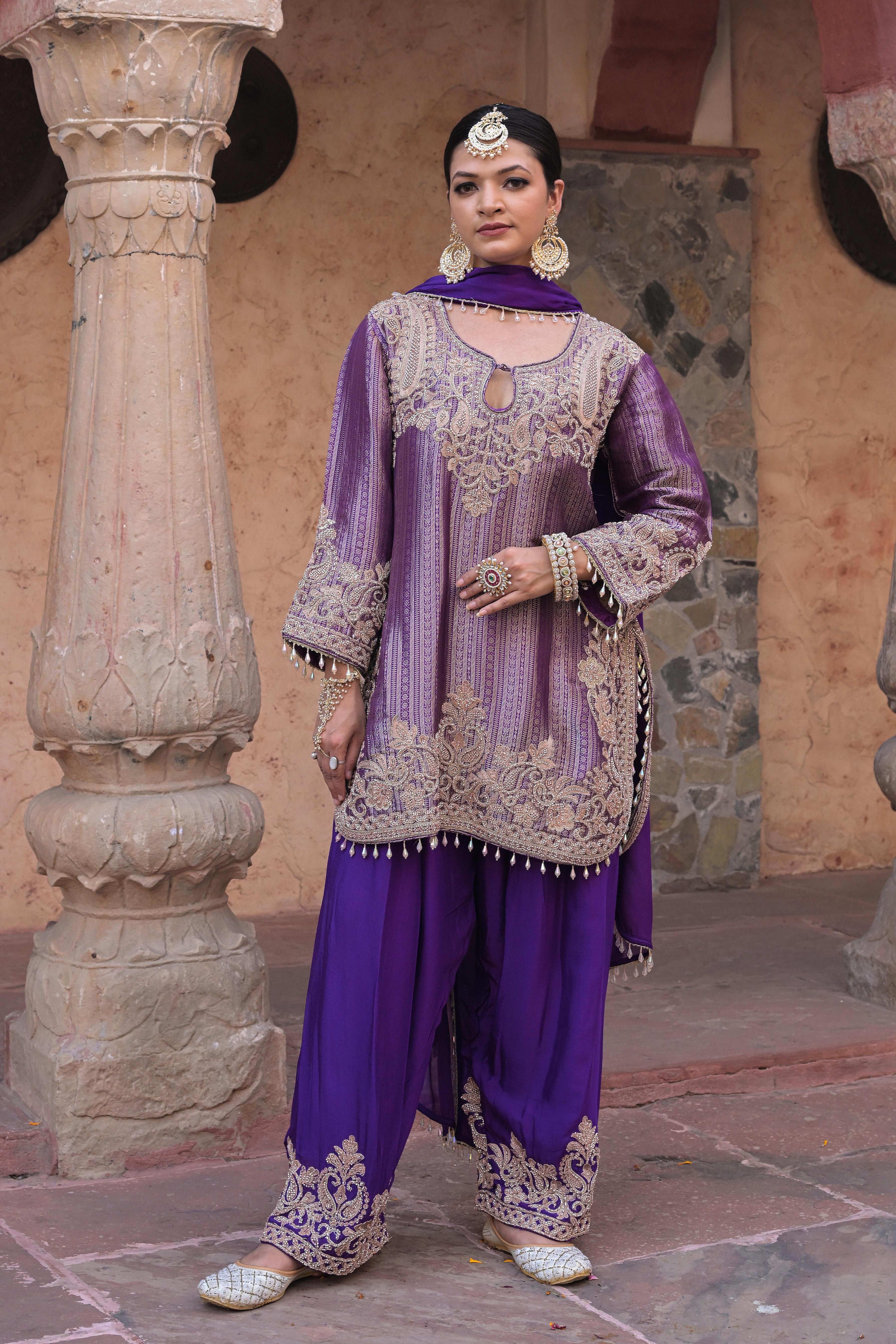 Grape Violet Embellished Brocade Silk Pant Set